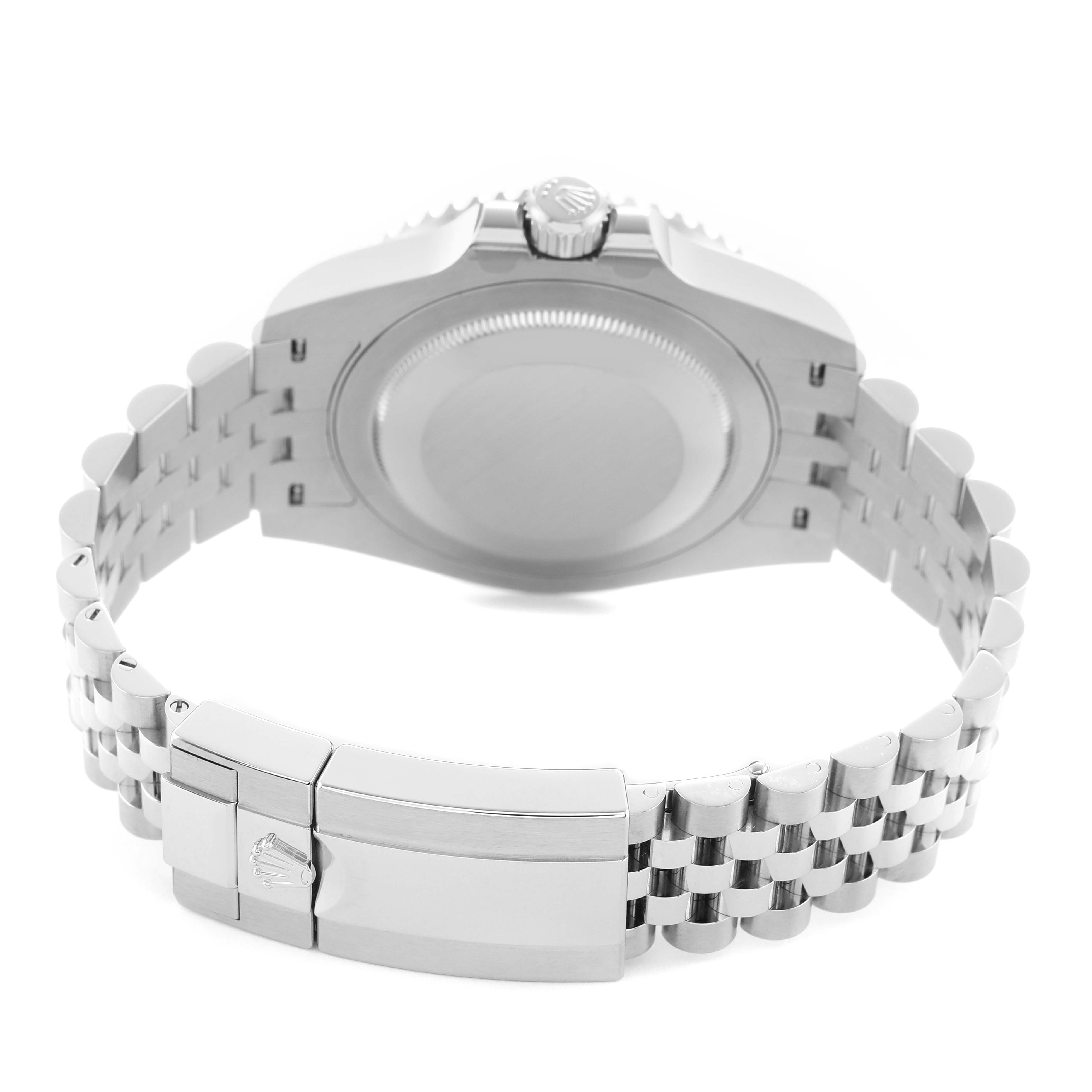 The image shows the back of a Rolex GMT-Master 126710GRNR Men's Stainless Steel Black Dial watch, highlighting the case, crown, bracelet, and clasp.