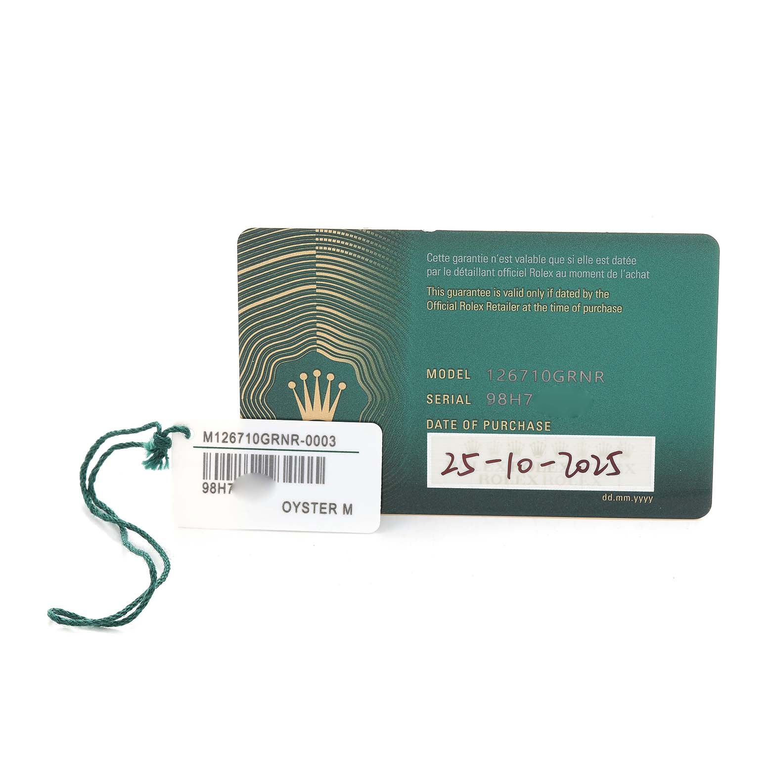 The image shows a Rolex GMT-Master 126710GRNR Men's Stainless Steel Black Dial warranty card with model number, serial number, and date of purchase, along with a green tag.