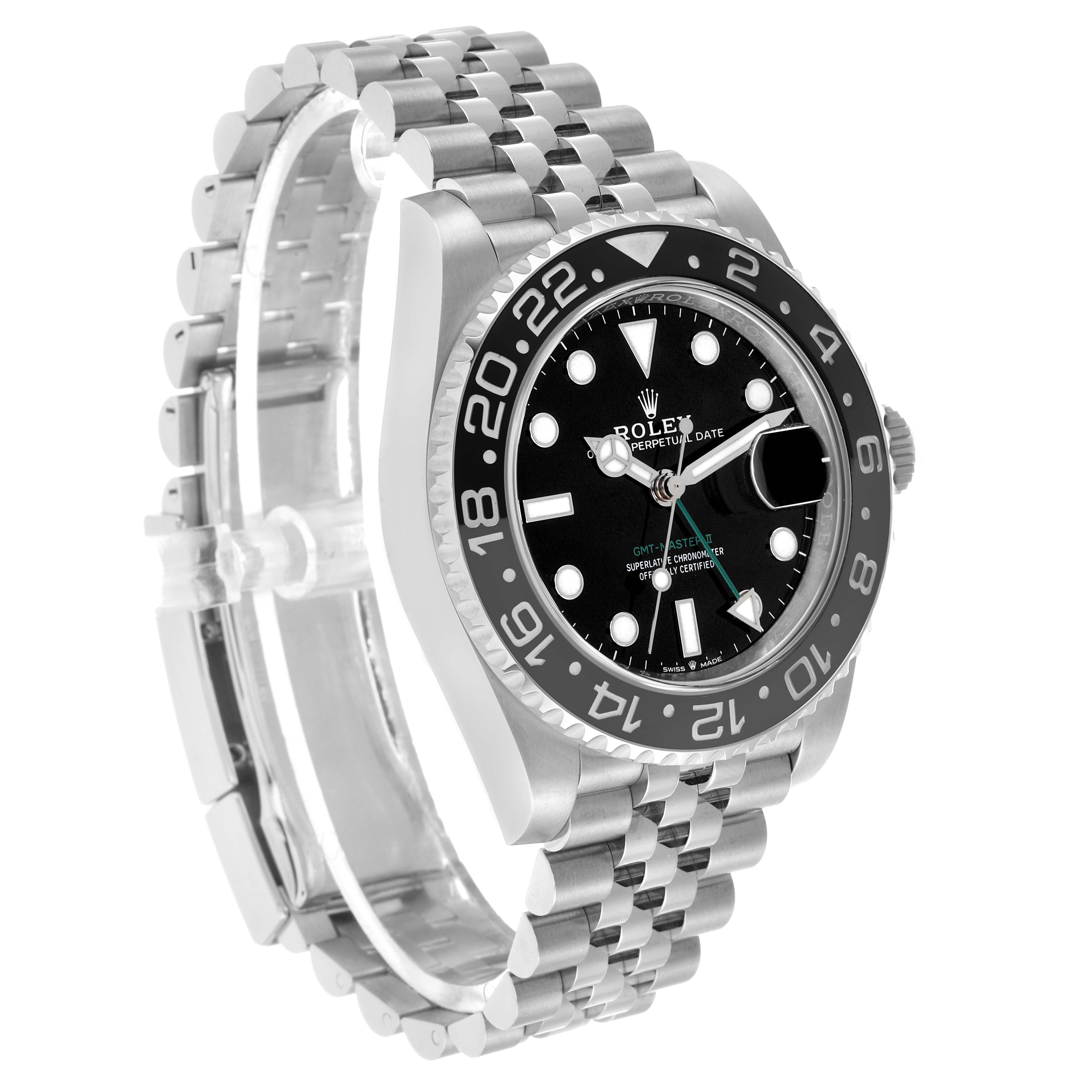 The Rolex GMT-Master 126710GRNR Men's Stainless Steel Black Dial watch is shown at a slight angle, highlighting the bezel, dial, and bracelet.