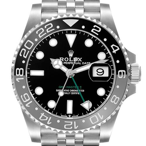 The Rolex GMT-Master 126710GRNR Men's Stainless Steel Black Dial watch is shown from a front view, displaying the dial, bezel, and part of the bracelet.