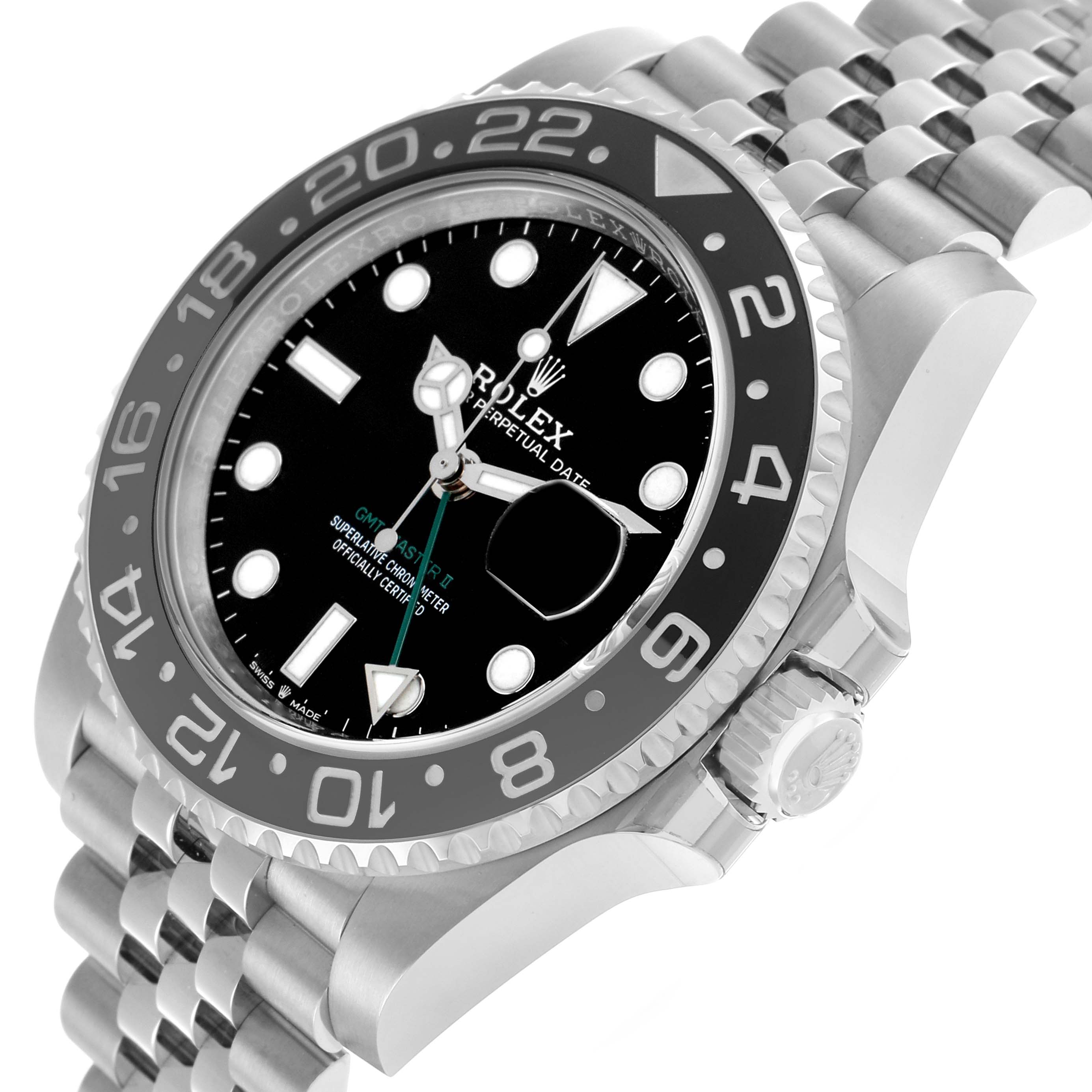 The Rolex GMT-Master 126710GRNR Men's Stainless Steel Black Dial watch is shown at an angled close-up, featuring its bezel, dial, crown, and bracelet.