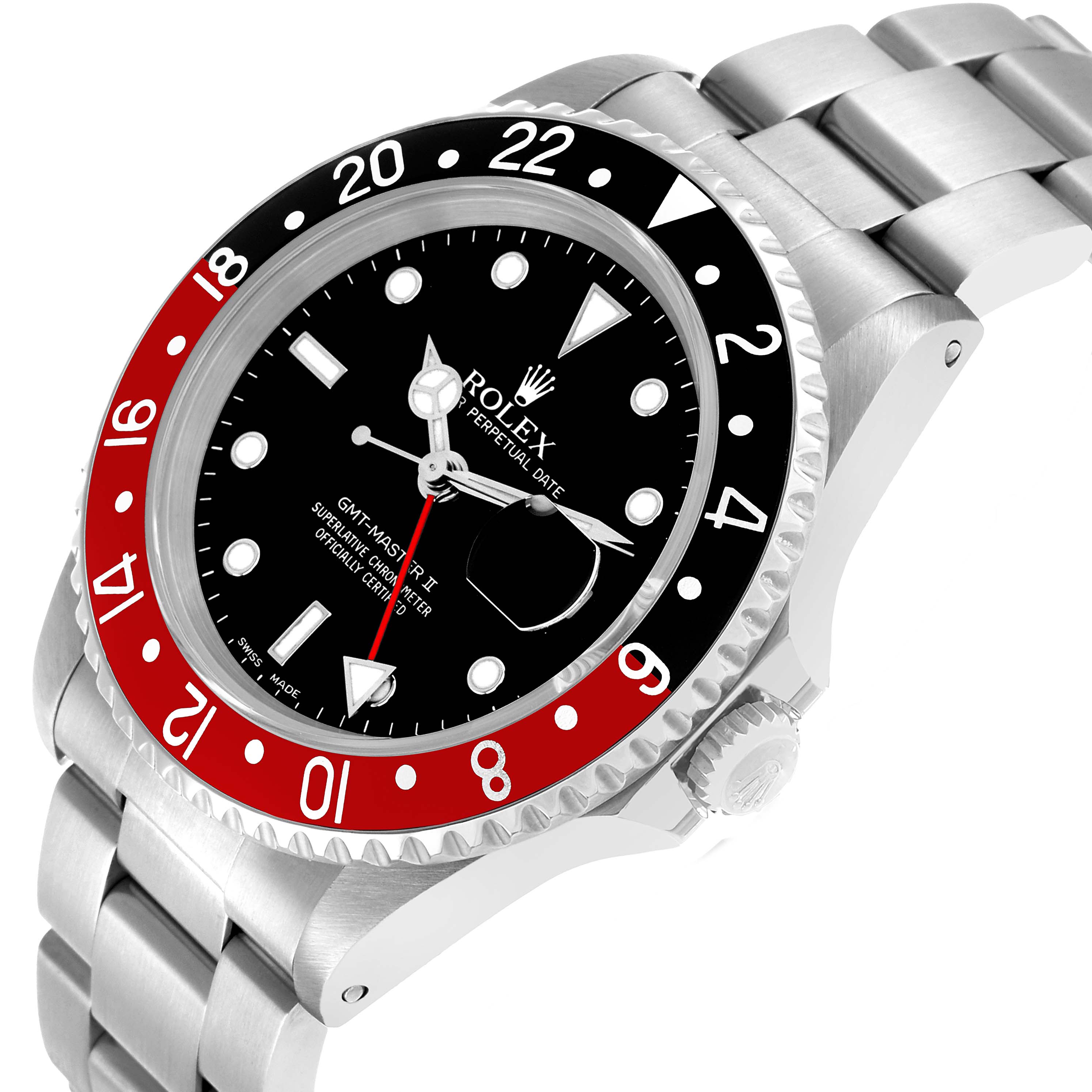 The Rolex GMT-Master 16710 Men's Stainless Steel Black Dial watch is shown from a front angle, highlighting the bezel, dial, and stainless steel bracelet.