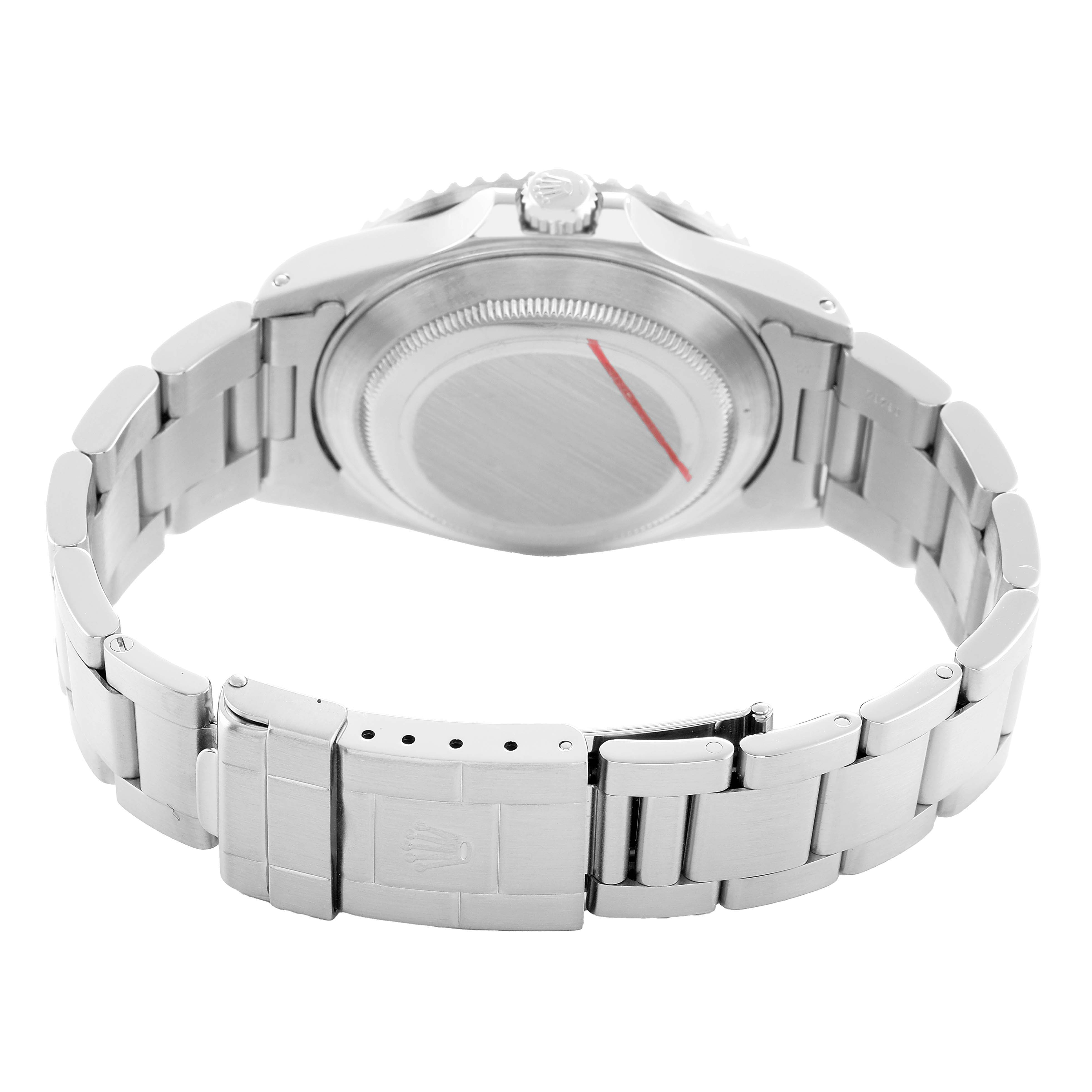 The image shows the back case and bracelet of a Rolex GMT-Master 16710 Men's Stainless Steel Black Dial watch, viewed from the rear angle.