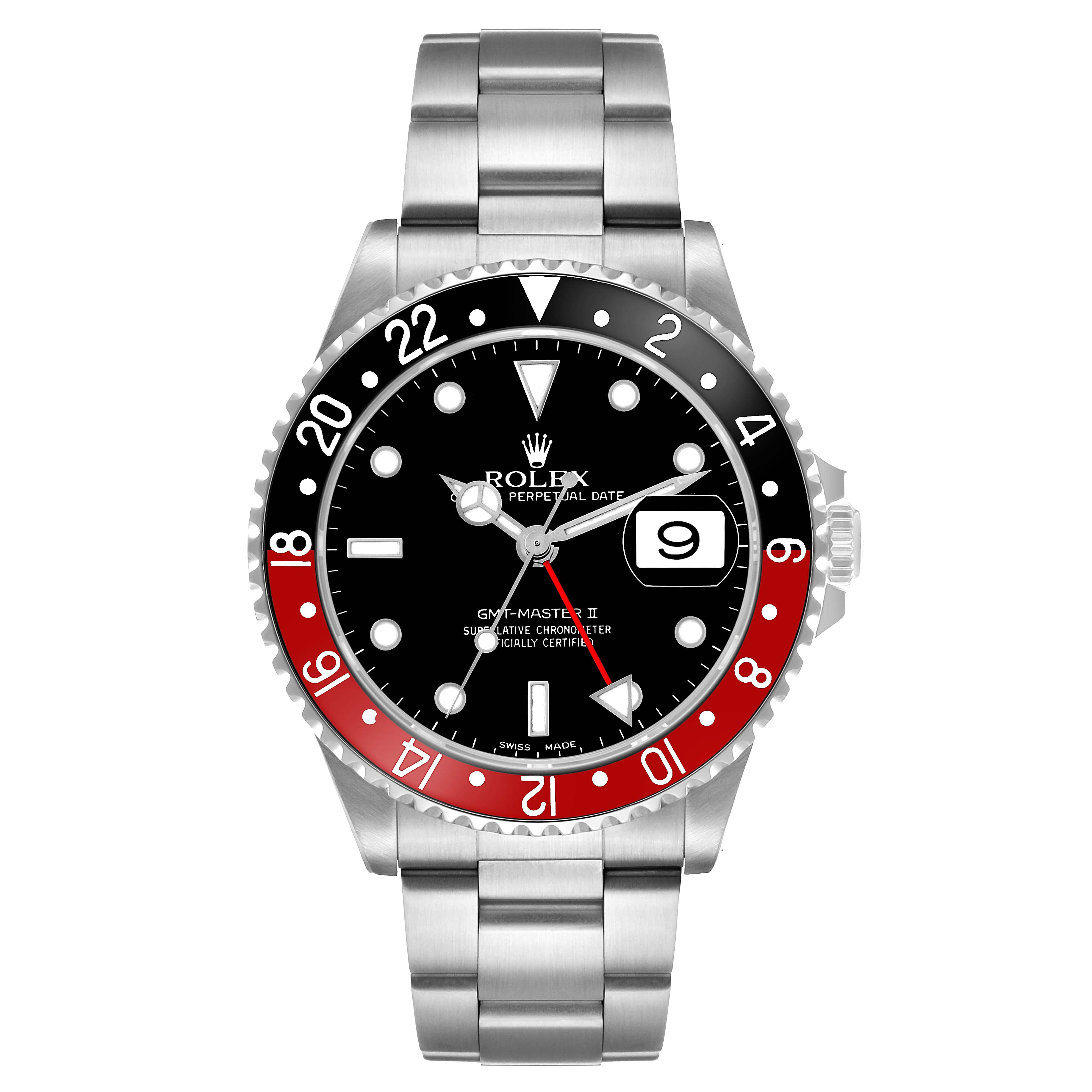 The Rolex GMT-Master 16710 Men's Stainless Steel Black Dial watch is shown from the front, highlighting the bezel, dial, hands, and bracelet.