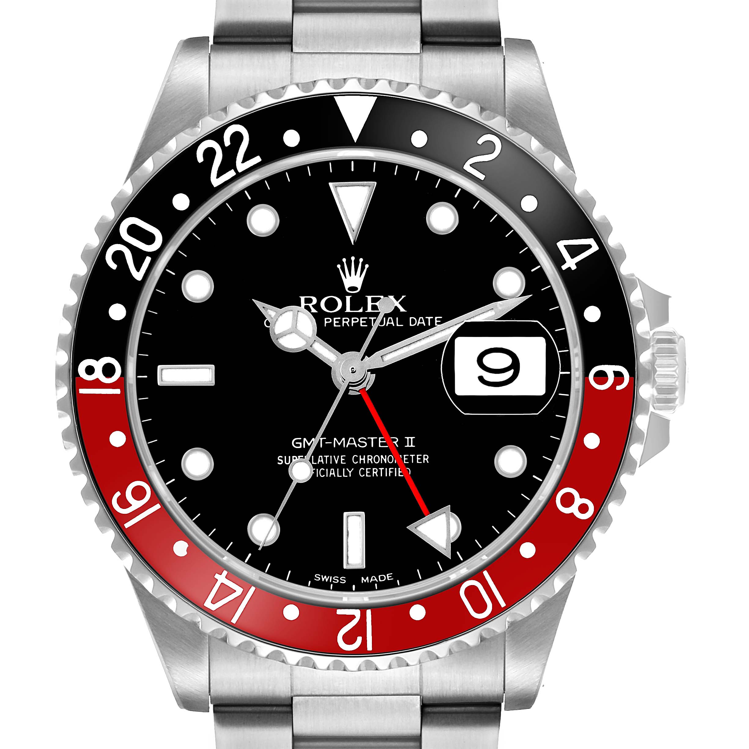 The image shows a frontal view of the Rolex GMT-Master 16710 Men's Stainless Steel Black Dial II, displaying the bezel, dial, and bracelet.