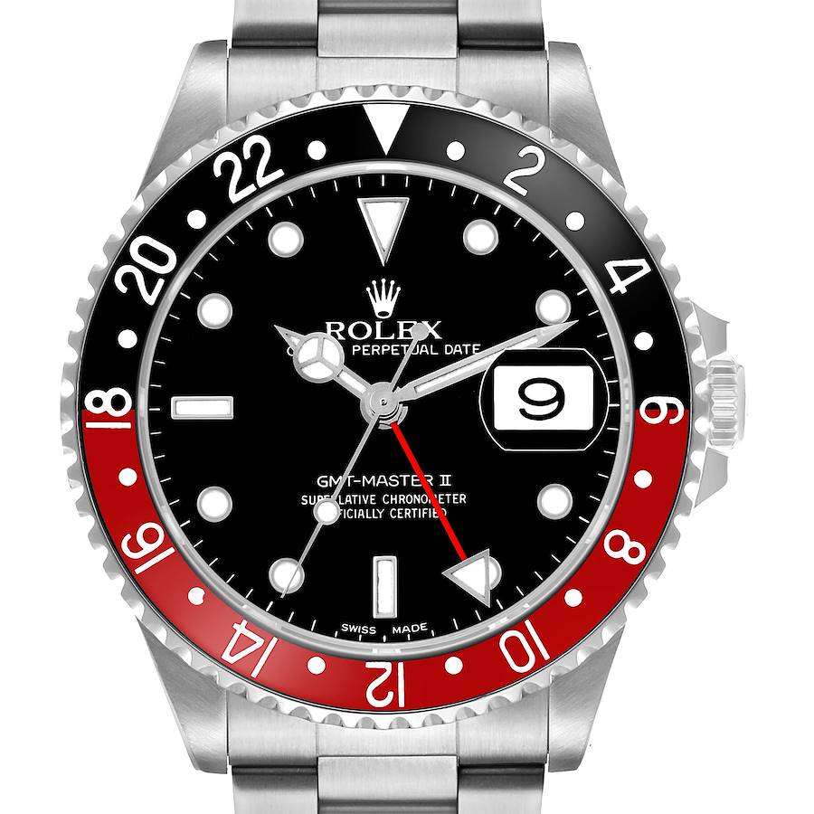 The image shows a frontal view of the Rolex GMT-Master 16710 Men's Stainless Steel Black Dial II, displaying the bezel, dial, and bracelet.