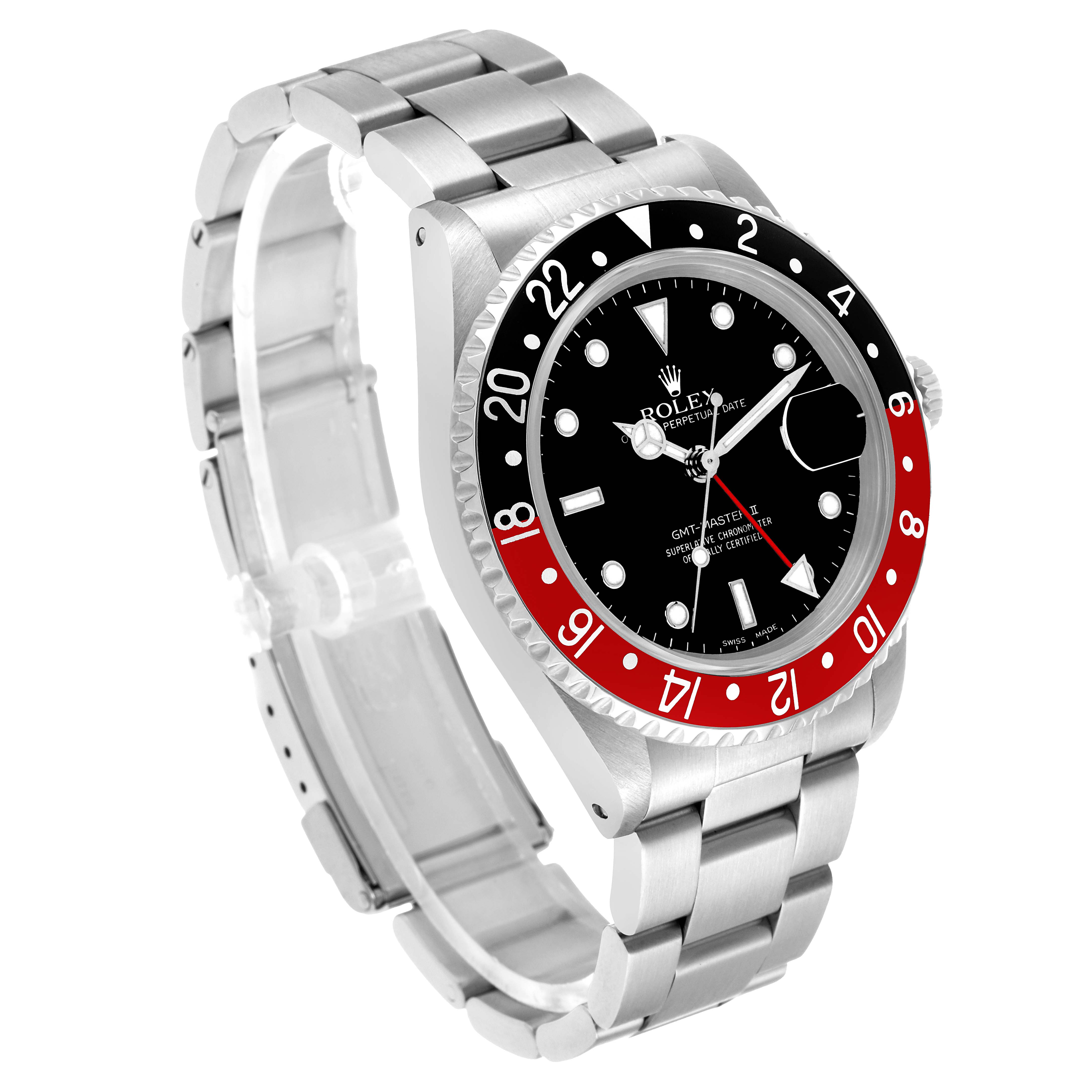The image shows a Rolex GMT-Master 16710 Men's Stainless Steel Black Dial watch from an angled side view, highlighting the bezel, dial, and bracelet.