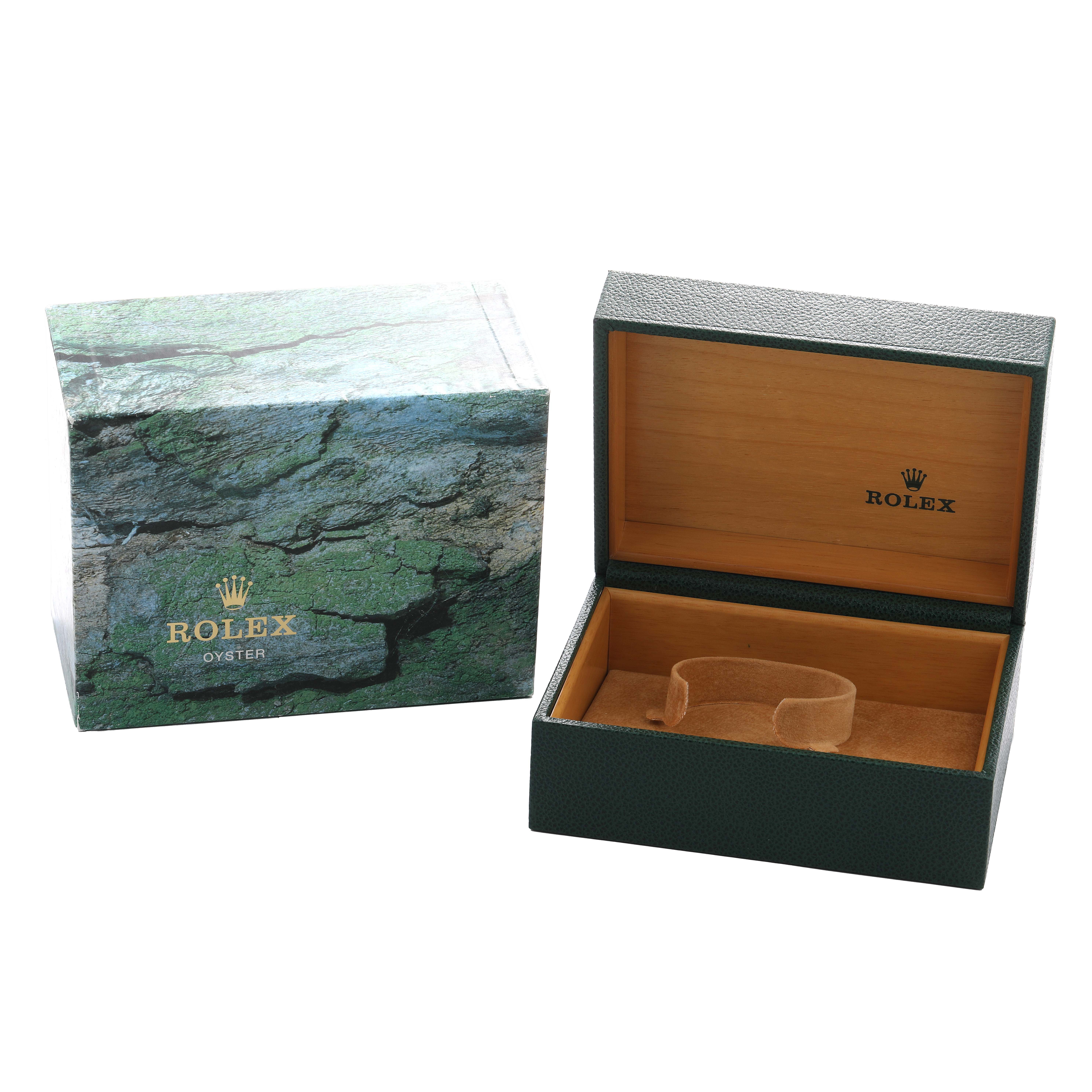 The image shows an open Rolex GMT-Master 16710 Men's Stainless Steel Black Dial box with a cushion inside, alongside its outer packaging, viewed from the front.