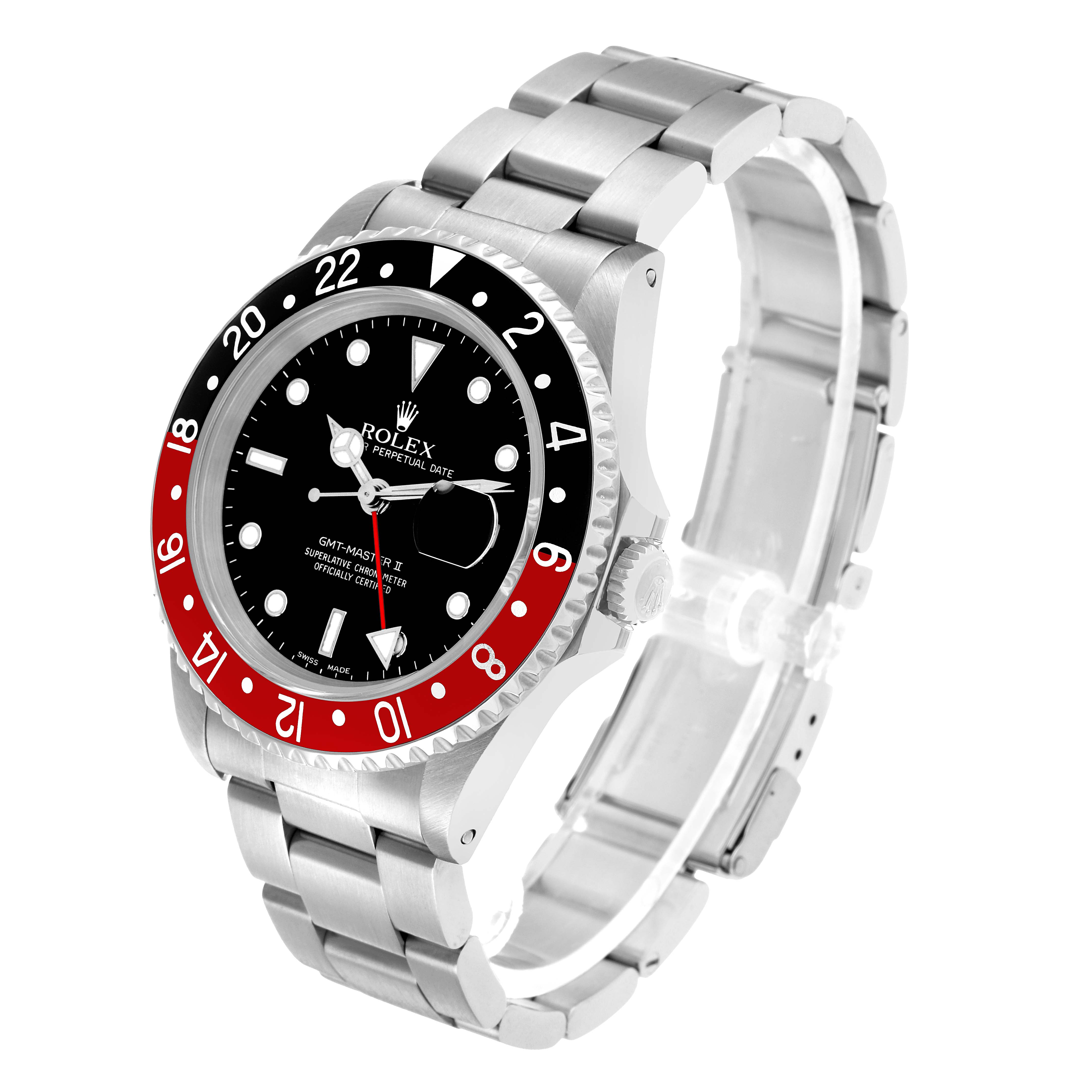 The Rolex GMT-Master 16710 Men's Stainless Steel Black Dial watch is shown at an oblique angle, highlighting the bezel, dial, and stainless steel bracelet.