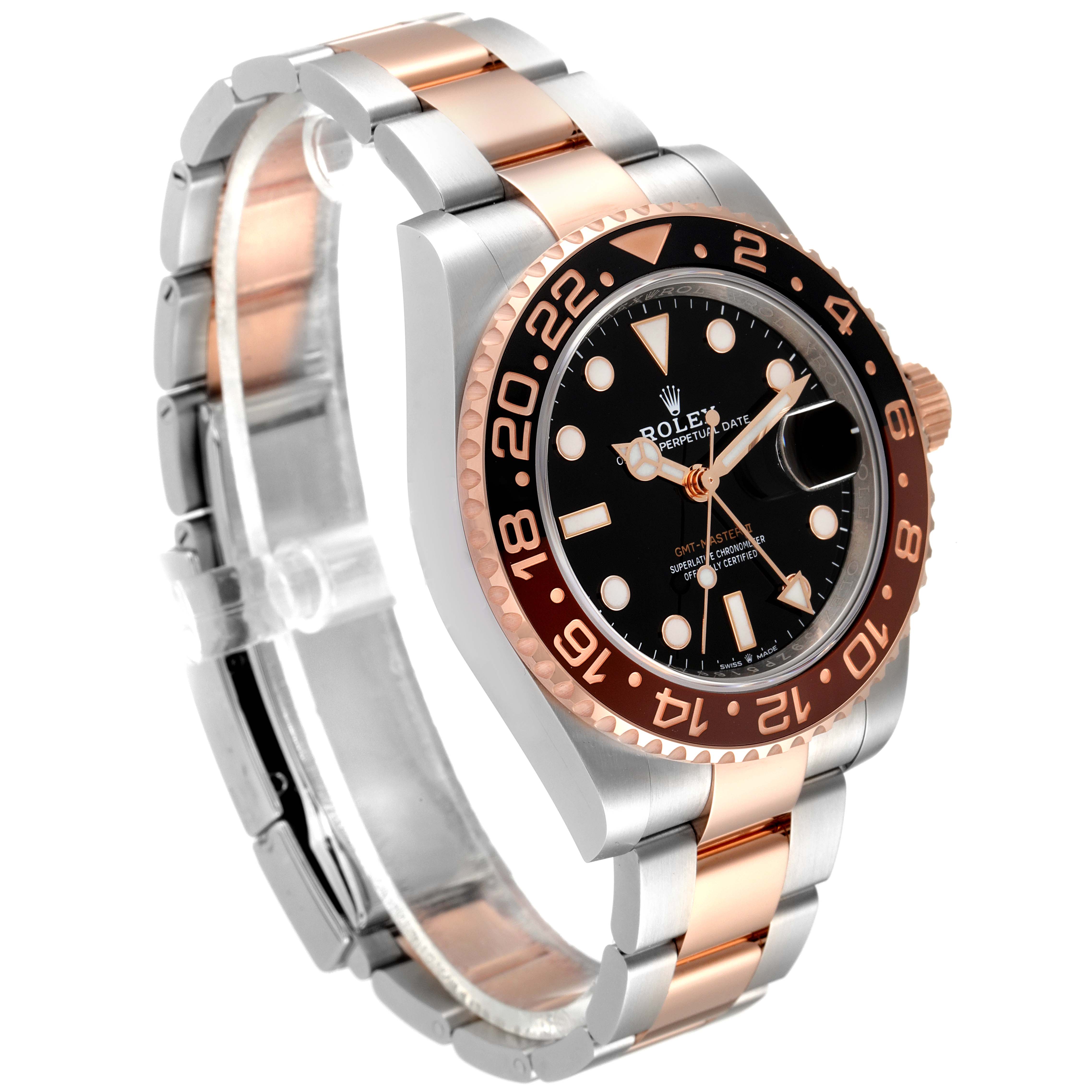 The image features a Rolex GMT-Master 126711 Men's Steel and Gold (two tone) Black Dial 126711 Men's Steel and Gold (two tone) Black Dial watch shown from an angled side view highlighting the watch face, bezel, and a portion of the bracelet.