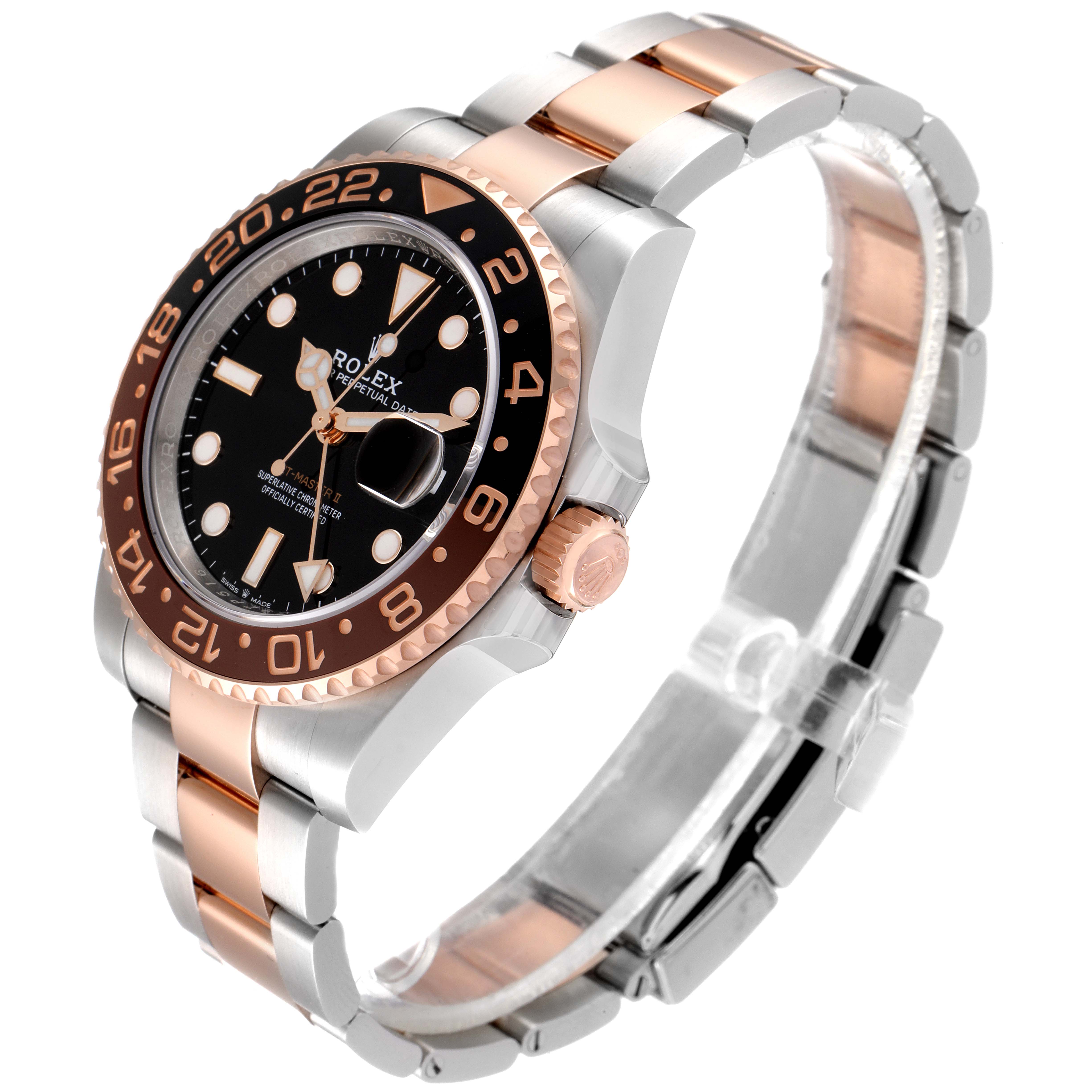 The Rolex GMT-Master 126711 Men's Steel and Gold (two tone) Black Dial 126711 Men's Steel and Gold (two tone) Black Dial watch is shown at an angle highlighting the bezel, dial, crown, and two-tone bracelet.