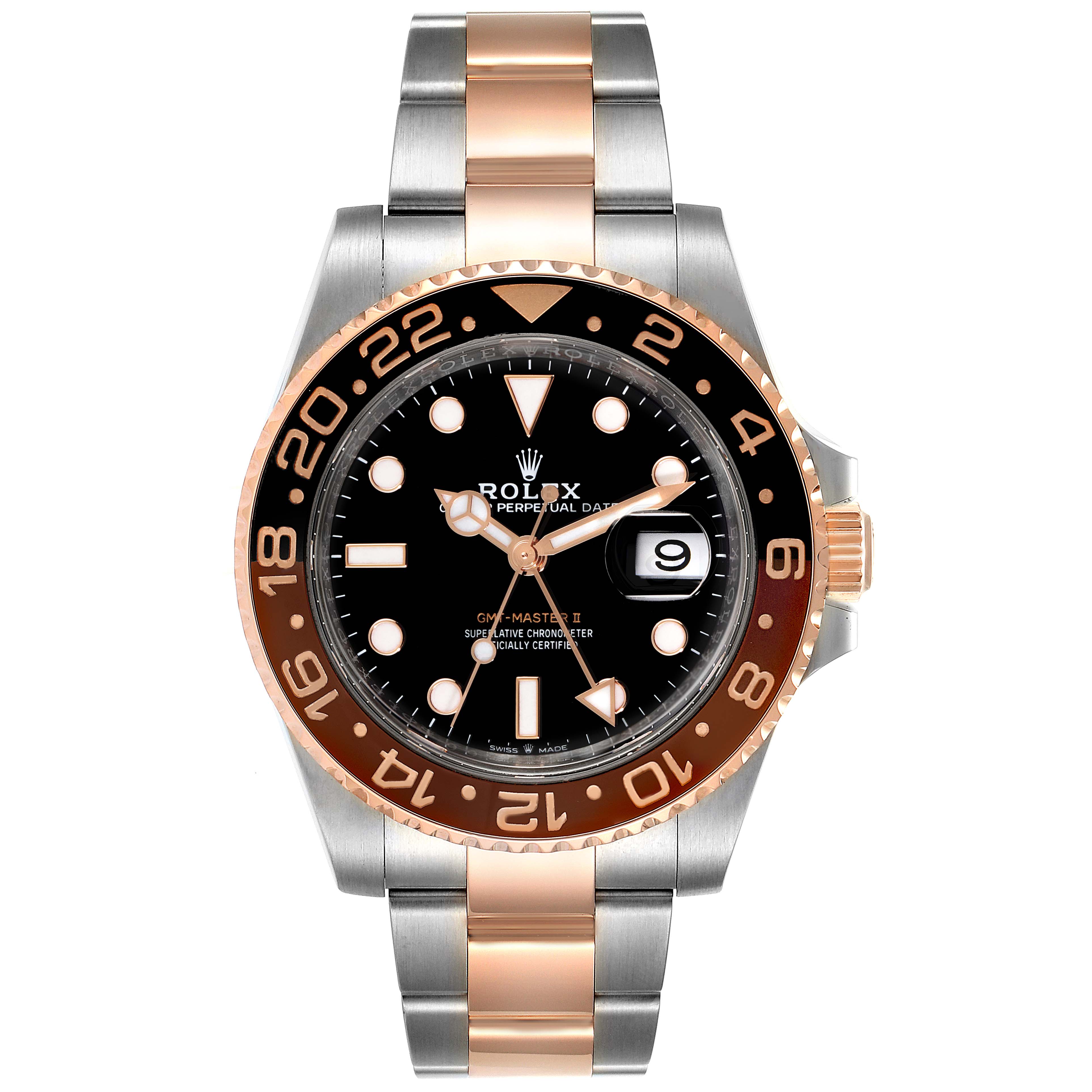 The Rolex GMT-Master 126711 Men's Steel and Gold (two tone) Black Dial 126711 Men's Steel and Gold (two tone) Black Dial watch is shown from a front angle, displaying its two-tone bracelet, bezel, dial, and date window.