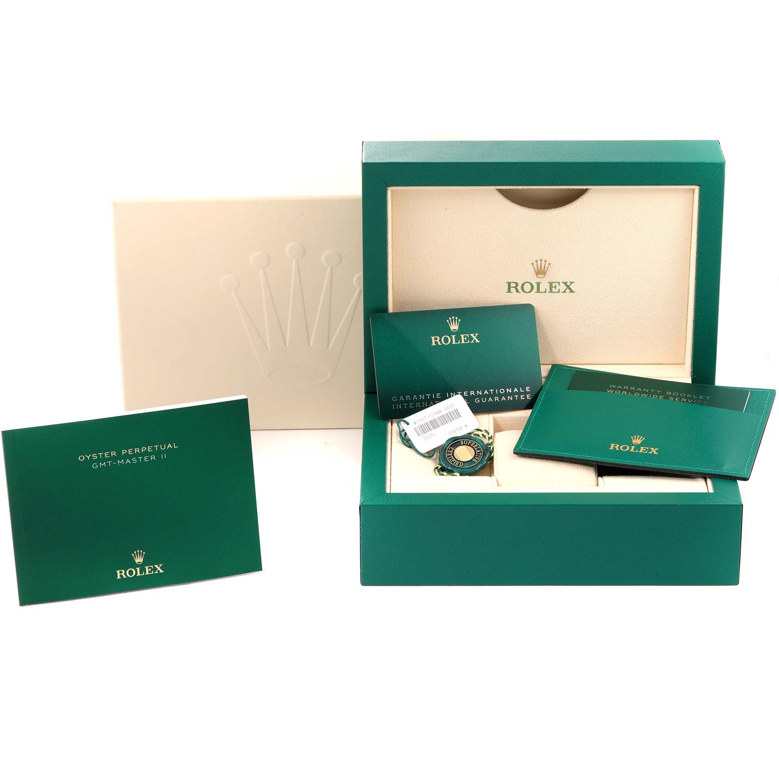 The image shows the packaging, warranty booklets, and tags for a Rolex GMT-Master 126711 Men's Steel and Gold (two tone) Black Dial 126711 Men's Steel and Gold (two tone) Black Dial II watch, but without the watch itself.