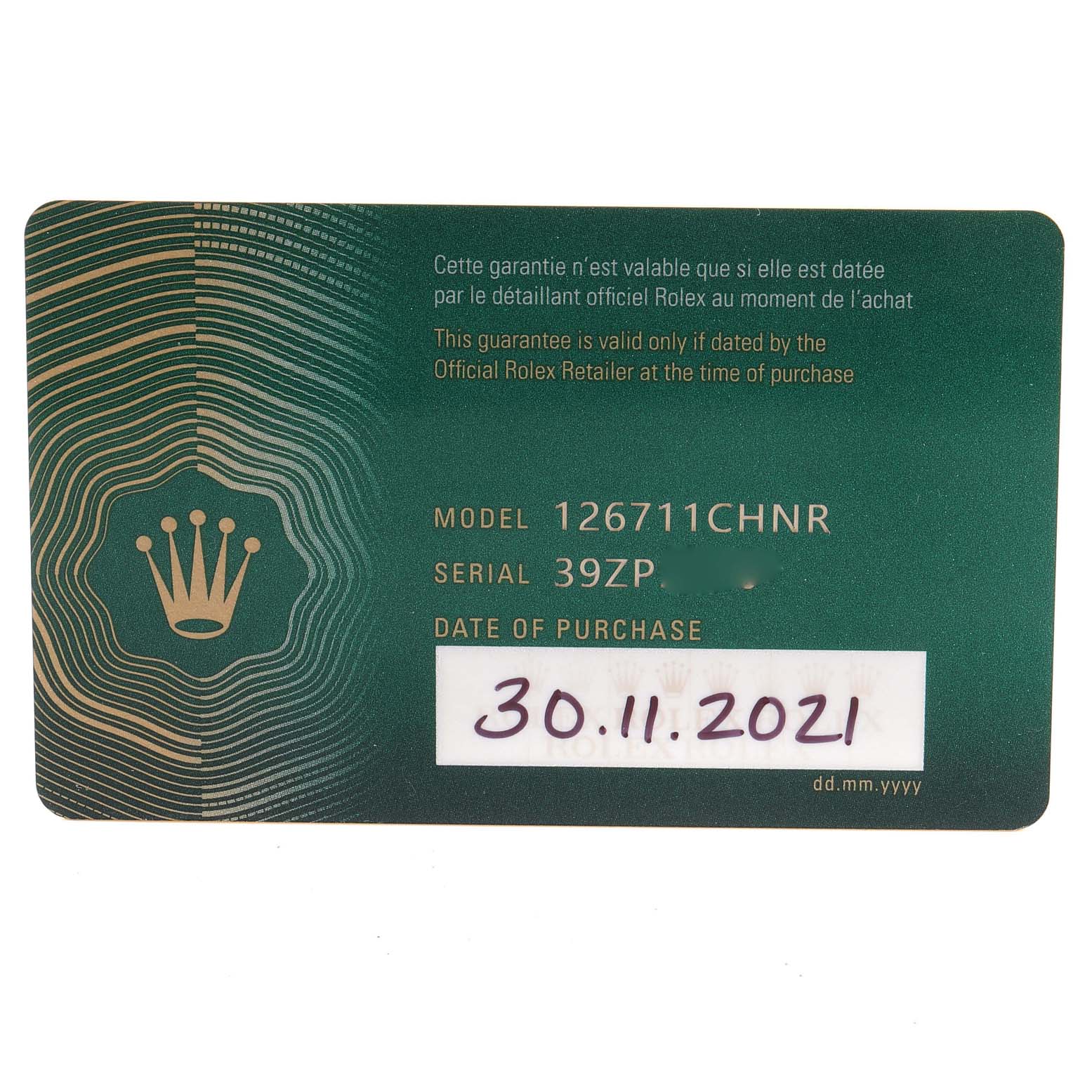 This is a warranty card for a Rolex GMT-Master 126711 Men's Steel and Gold (two tone) Black Dial 126711 Men's Steel and Gold (two tone) Black Dial model 126711CHNR, showing the model, serial number, and purchase date.