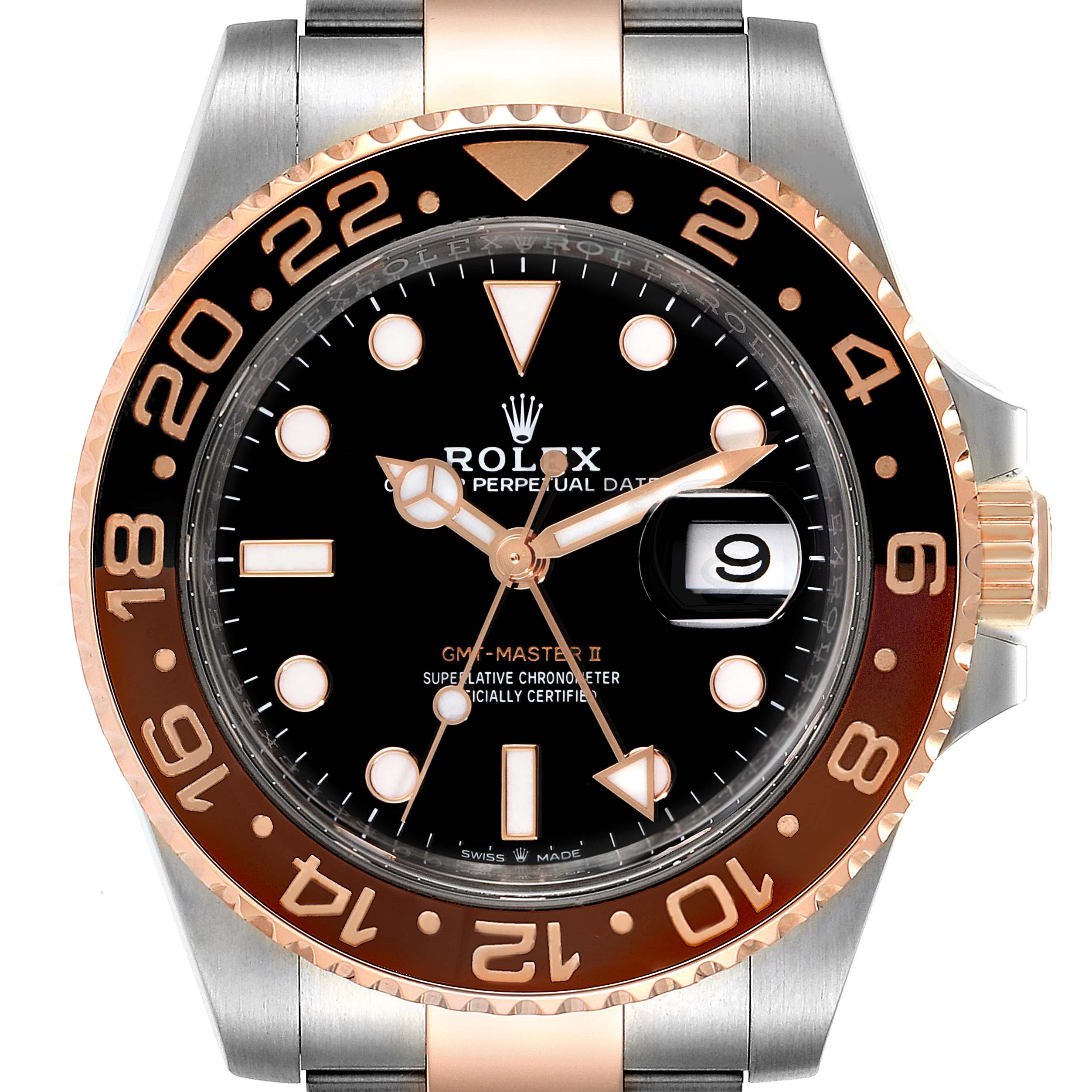 The image shows a frontal view of a Rolex GMT-Master 126711 Men's Steel and Gold (two tone) Black Dial 126711 Men's Steel and Gold (two tone) Black Dial II, focusing on the dial, bezel, crown, and part of the bracelet.