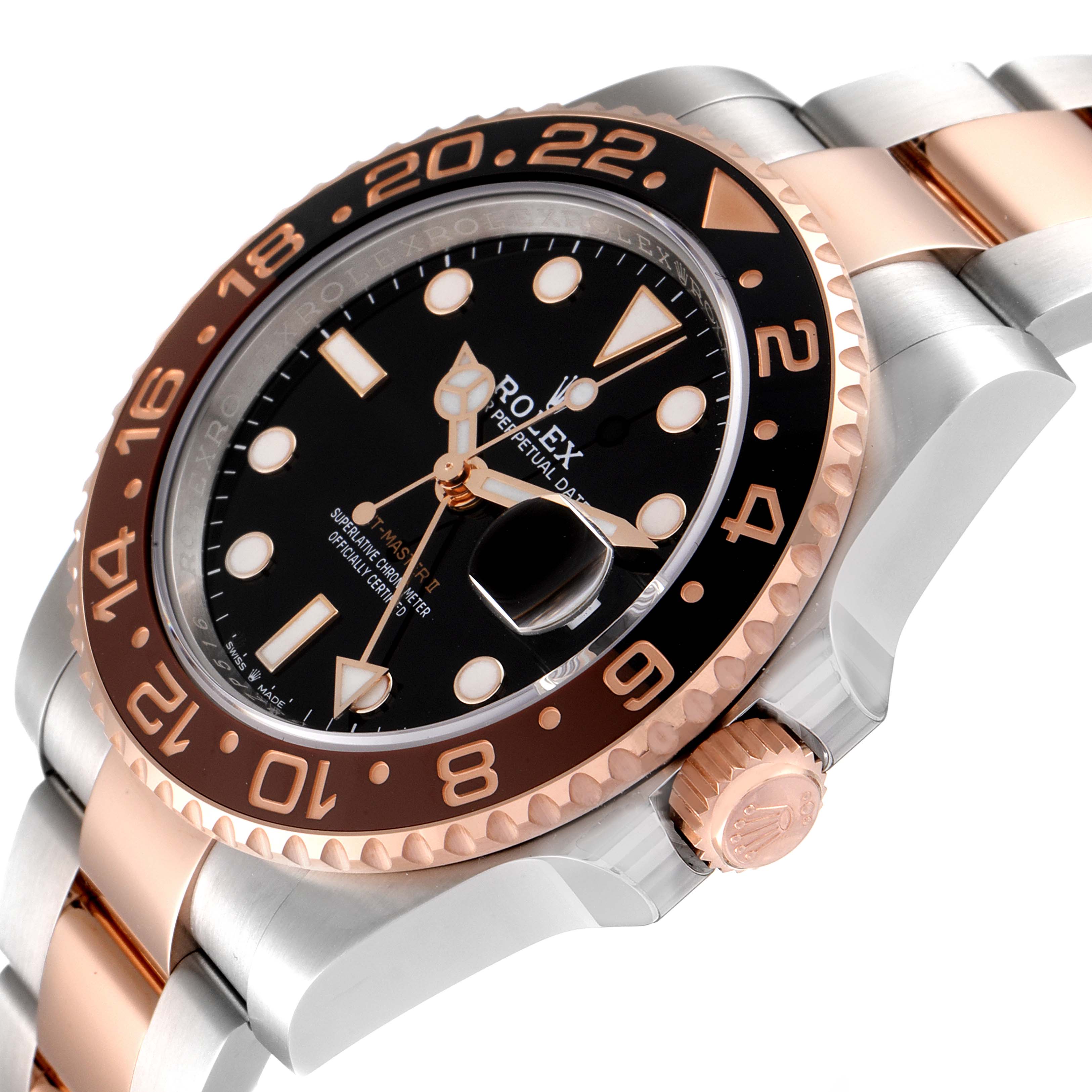 The Rolex GMT-Master 126711 Men's Steel and Gold (two tone) Black Dial 126711 Men's Steel and Gold (two tone) Black Dial watch is shown at an oblique angle, highlighting its bezel, crown, and part of the bracelet.