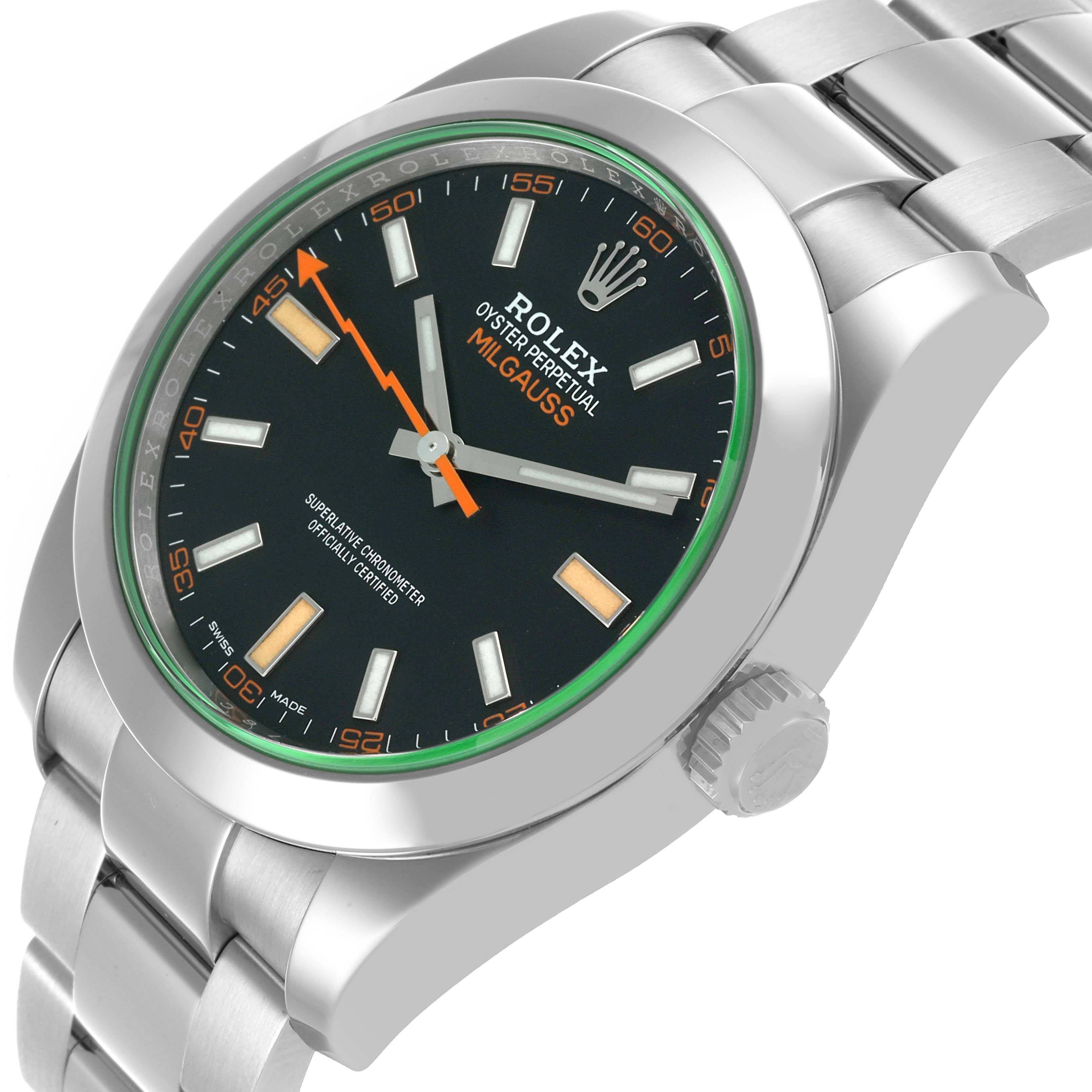The Rolex Milgauss 116400GV Men's Stainless Steel Black Dial 116400GV Men's Stainless Steel Black Dial watch is shown at an angled view, highlighting the dial, bezel, and part of the bracelet.