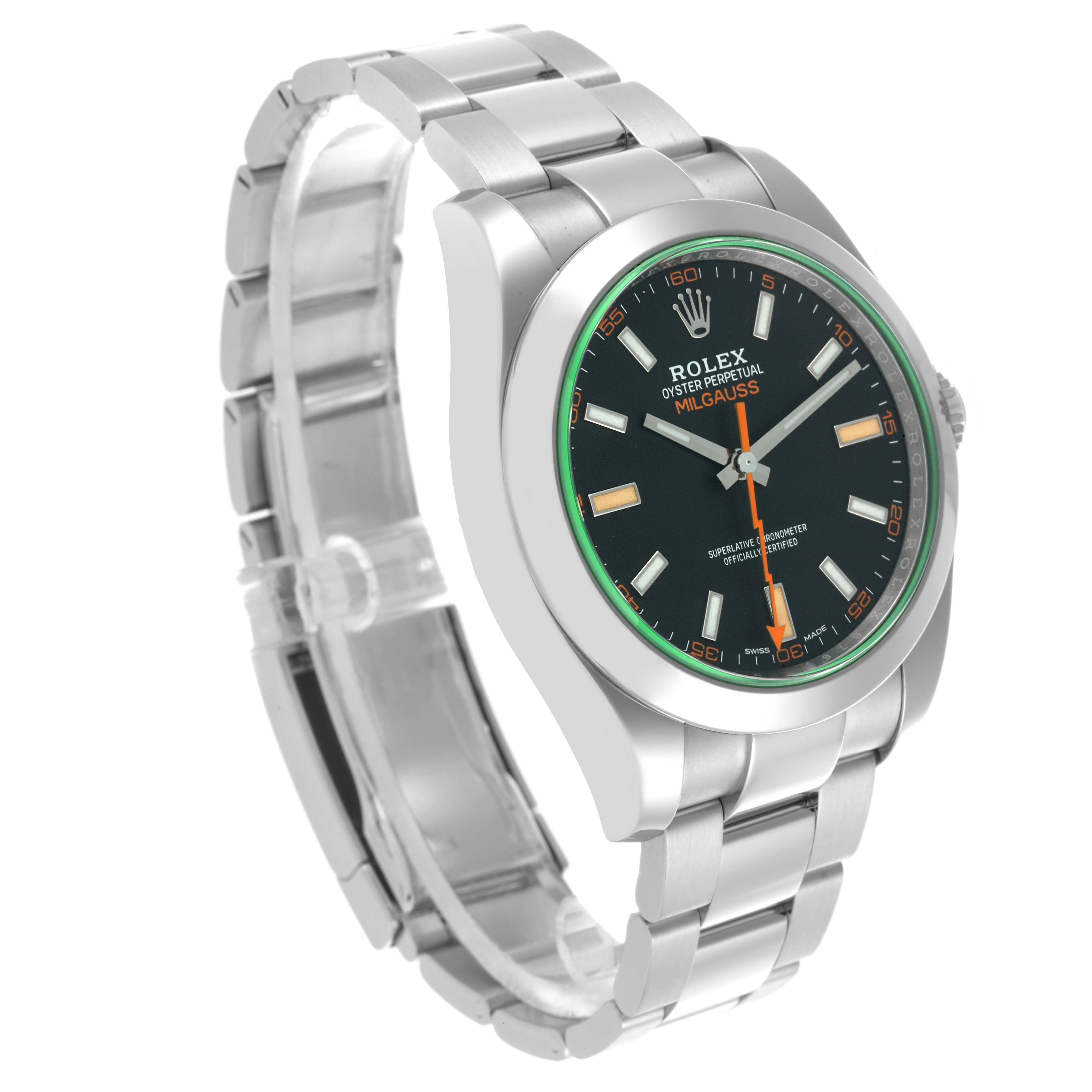 The Rolex Milgauss 116400GV Men's Stainless Steel Black Dial 116400GV Men's Stainless Steel Black Dial watch is shown at a three-quarter angle, displaying the bracelet, case, and face.