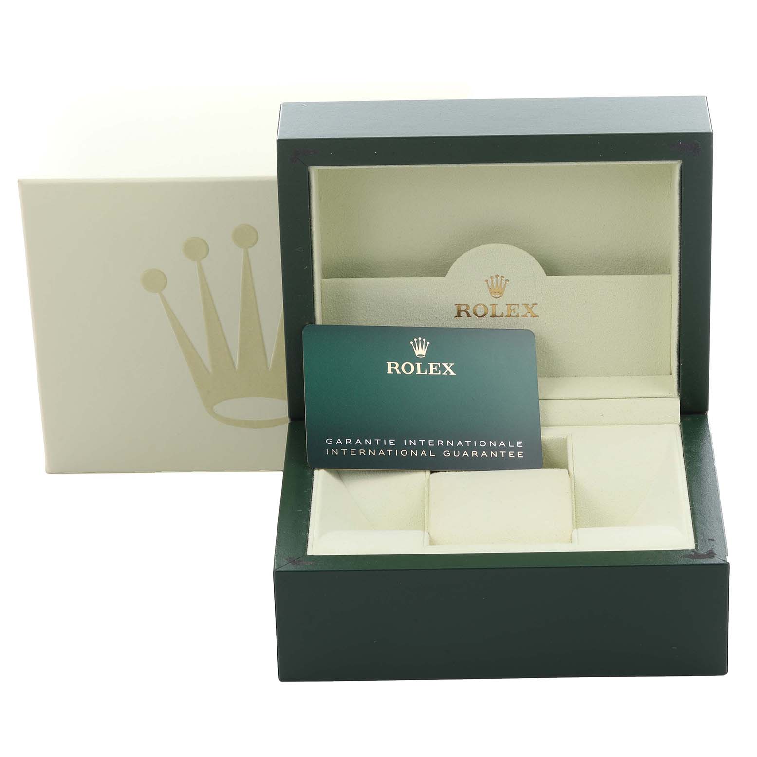 The image shows the Rolex Milgauss 116400GV Men's Stainless Steel Black Dial 116400GV Men's Stainless Steel Black Dial packaging, featuring a green box and an international guarantee card.