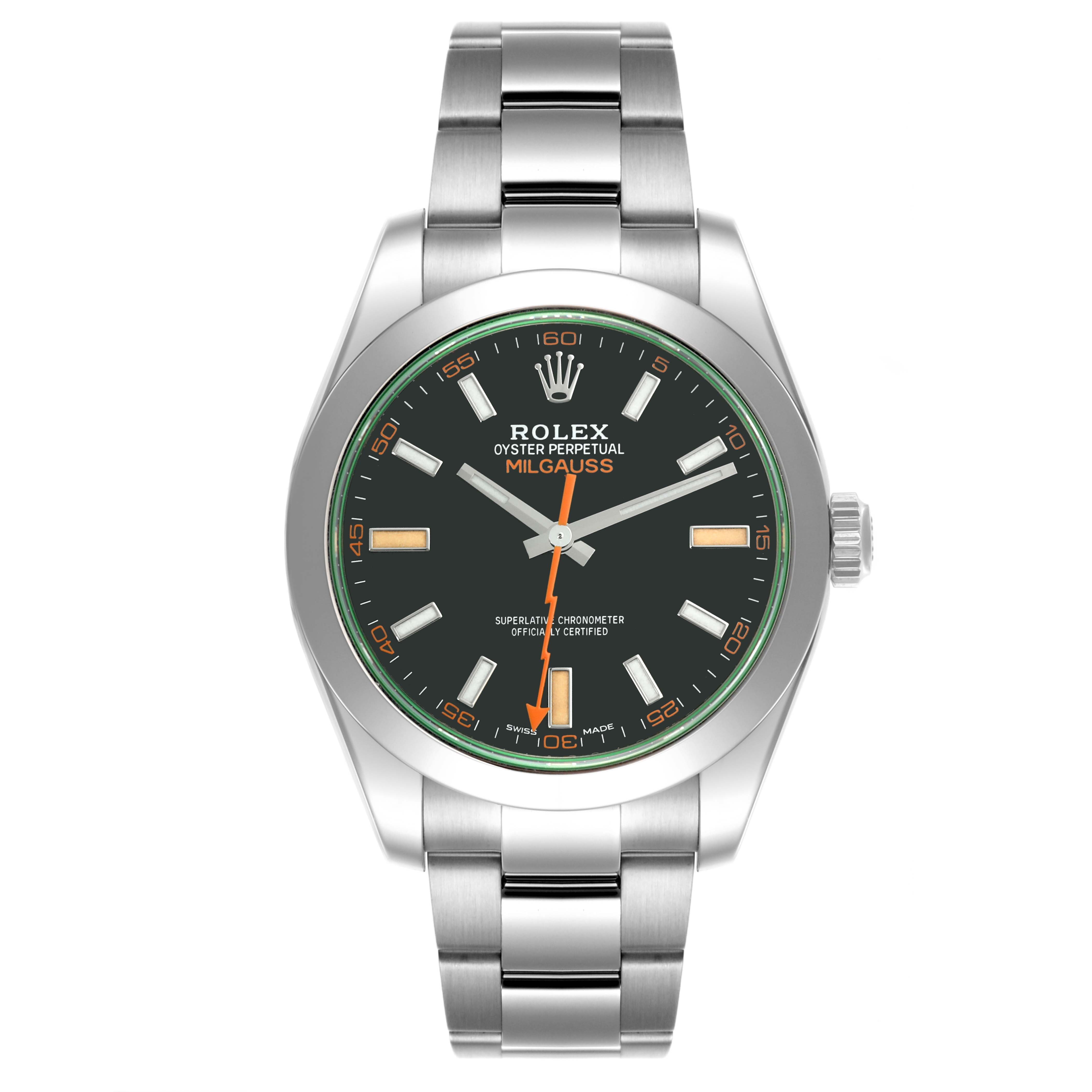 The Rolex Milgauss 116400GV Men's Stainless Steel Black Dial 116400GV Men's Stainless Steel Black Dial watch is shown from a front angle, displaying the dial, bezel, crown, and bracelet.