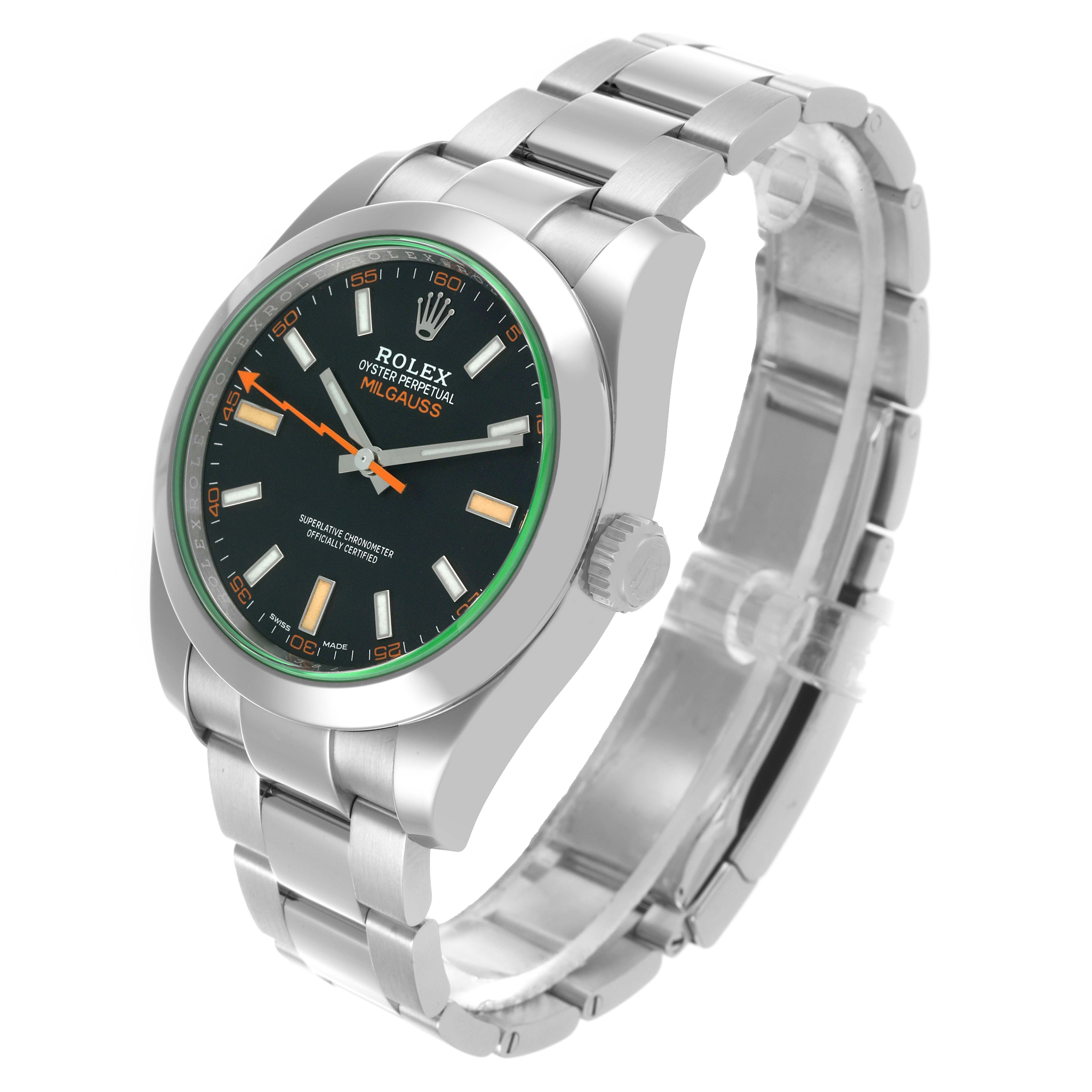 The Rolex Milgauss 116400GV Men's Stainless Steel Black Dial 116400GV Men's Stainless Steel Black Dial watch is shown at a slight angle, displaying the face, bezel, crown, and part of the bracelet.