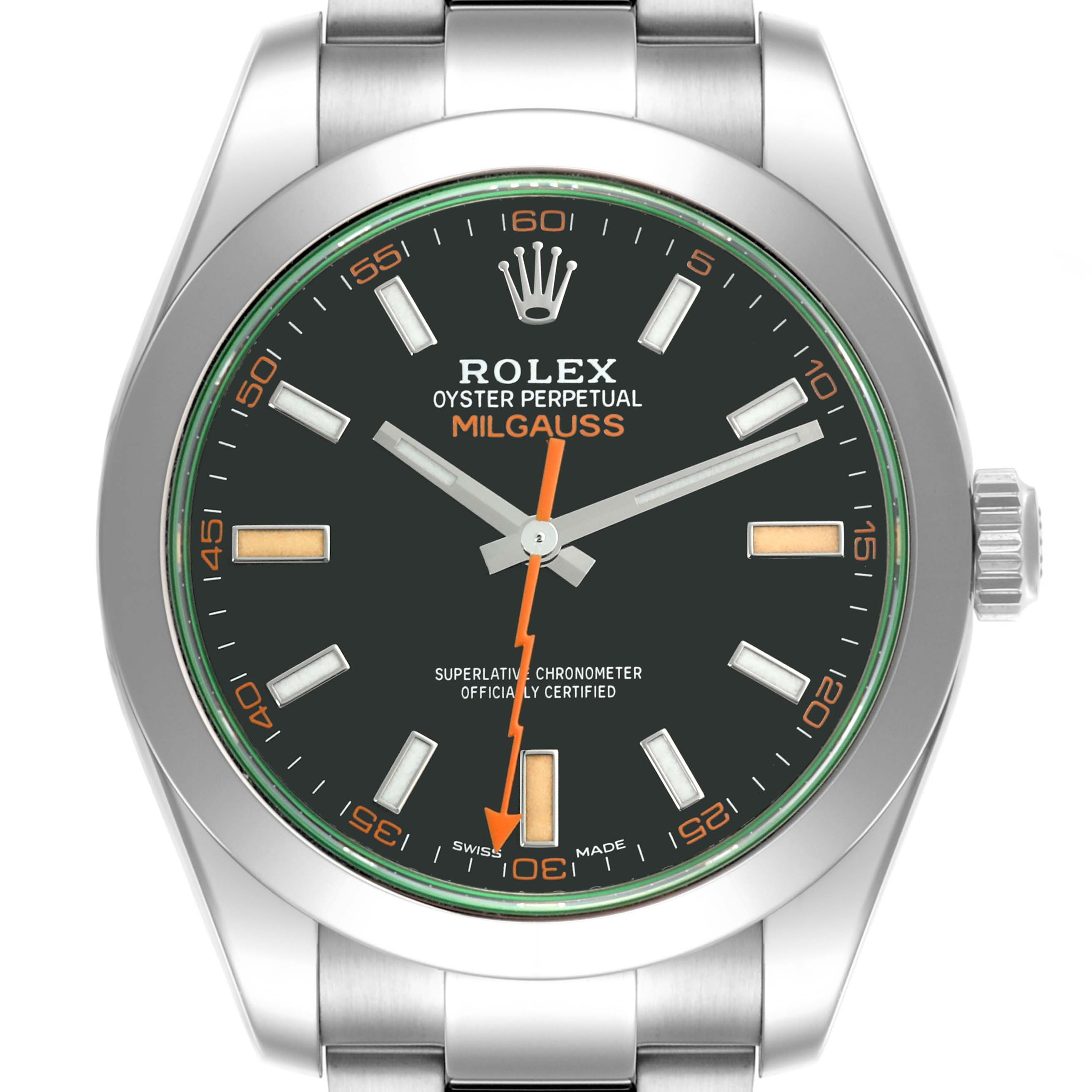 The Rolex Milgauss 116400GV Men's Stainless Steel Black Dial 116400GV Men's Stainless Steel Black Dial watch is shown from a front angle, displaying the dial, bezel, and part of the bracelet.