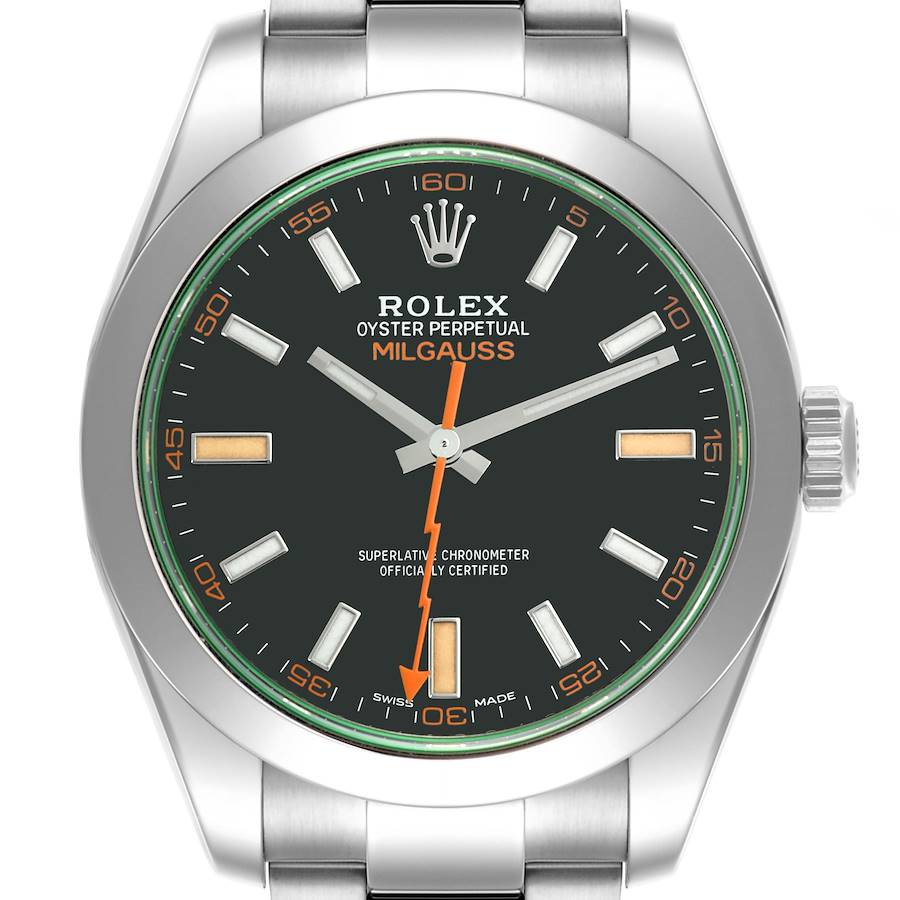 The Rolex Milgauss watch is shown from a front angle, displaying the dial, bezel, and part of the bracelet.