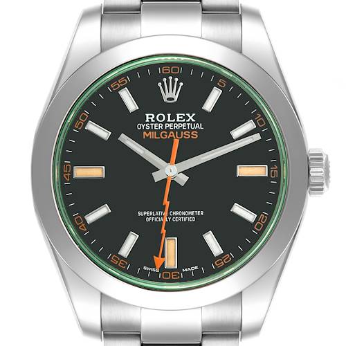 The Rolex Milgauss watch is shown from a front angle, displaying its face, bezel, and part of the bracelet.