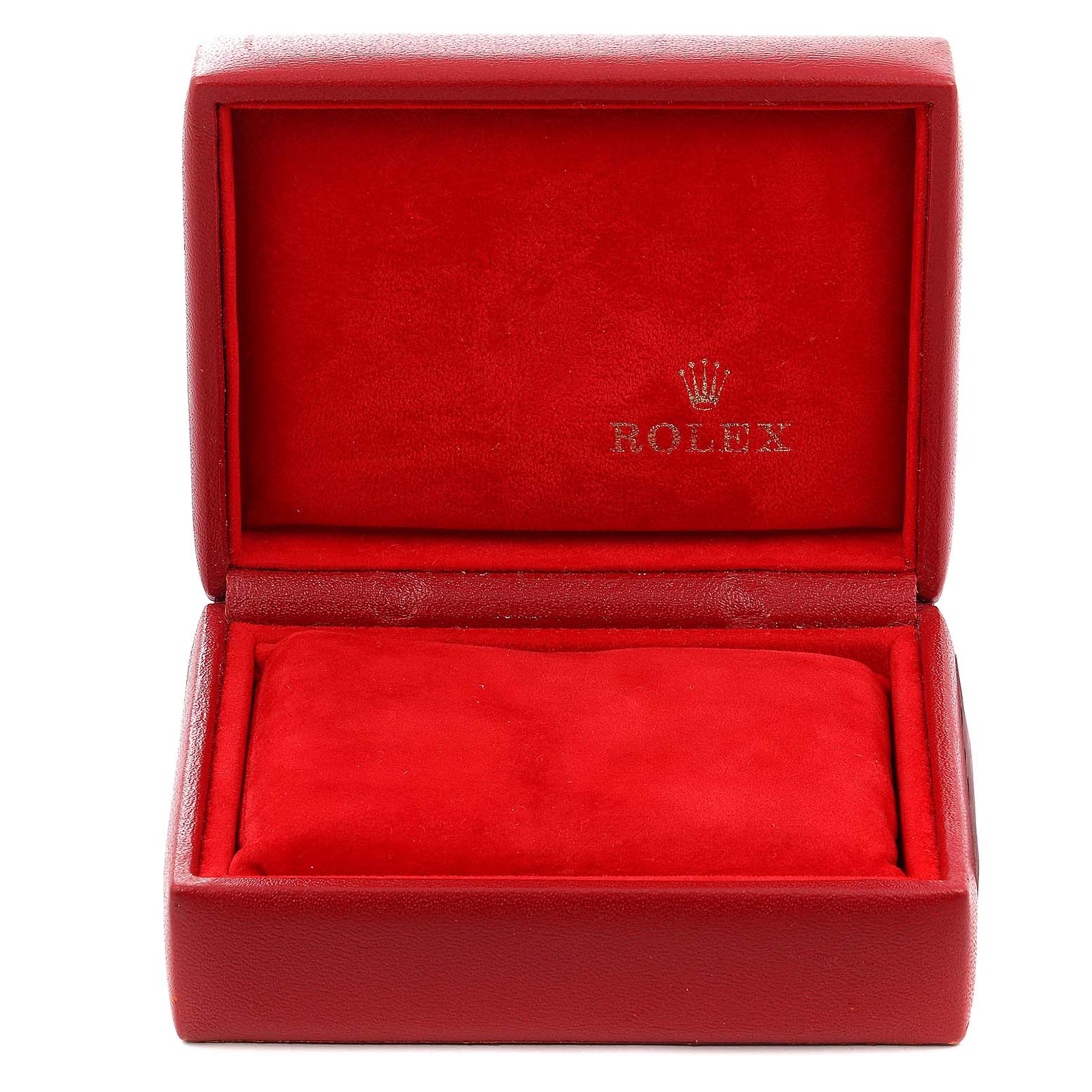 The image shows a red Rolex watch box, likely for the Oyster Perpetual model, with the brand logo on the inner lid.