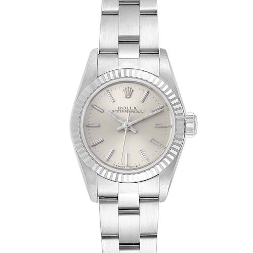 Photo of Rolex Non-Date Steel 18k White Gold Silver Dial Ladies Watch 67194