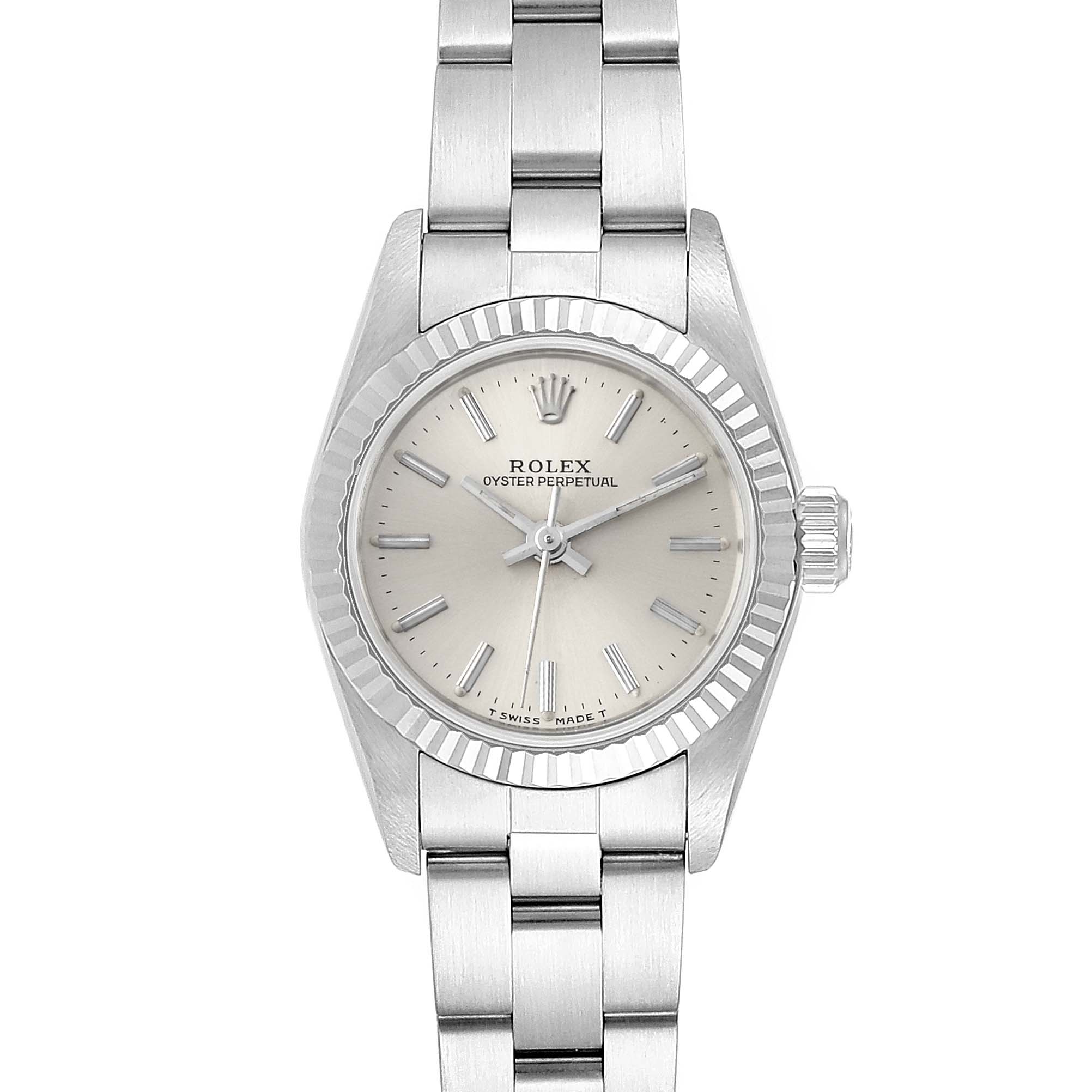 The image shows a frontal view of a Rolex Oyster Perpetual 67194 Women's Stainless Steel Silver Dial 67194 Women's Stainless Steel Silver Dial watch, displaying the watch face, casing, and part of the metal bracelet.
