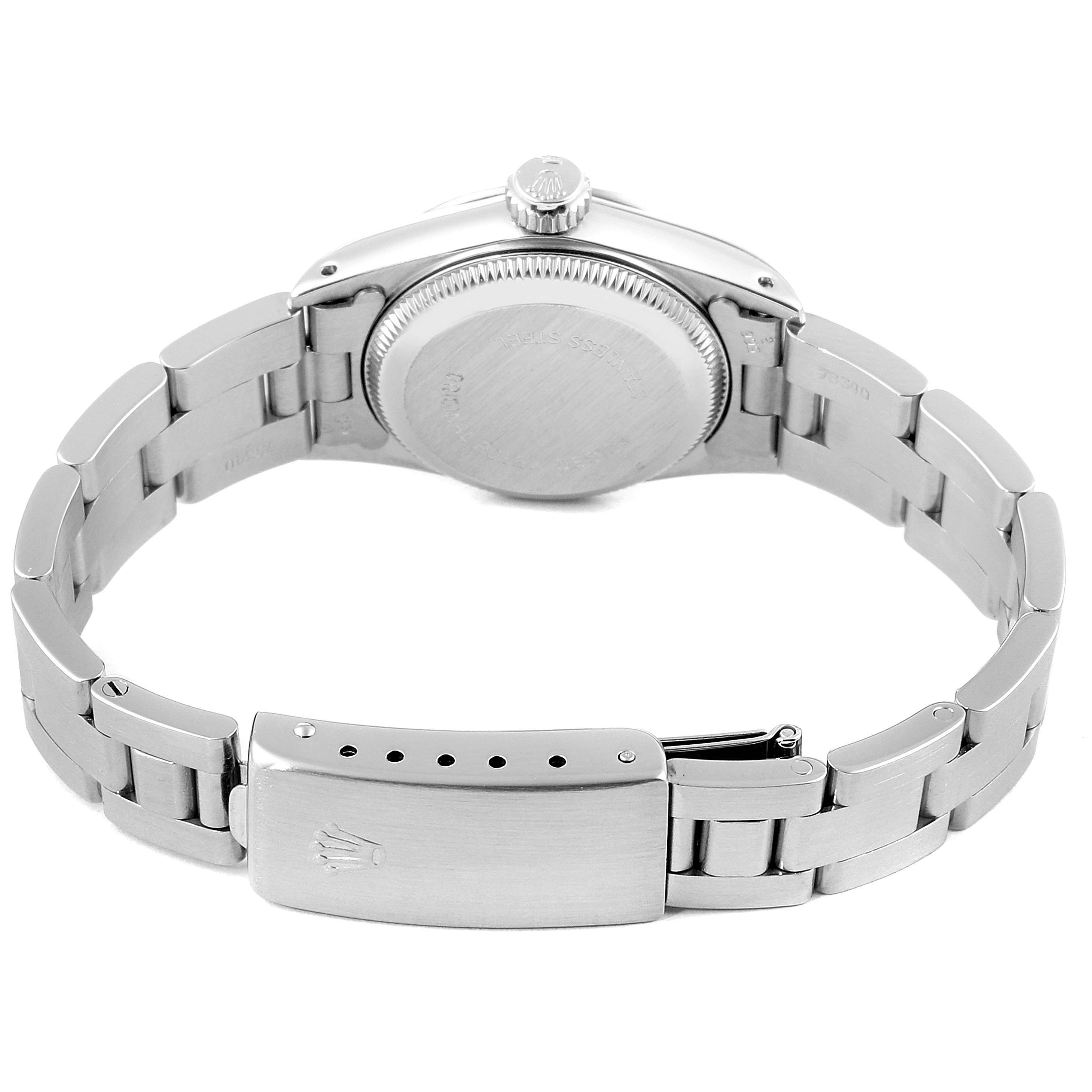 This image shows the back case and bracelet of a Rolex Oyster Perpetual 67194 Women's Stainless Steel Silver Dial 67194 Women's Stainless Steel Silver Dial watch from a rear angle.