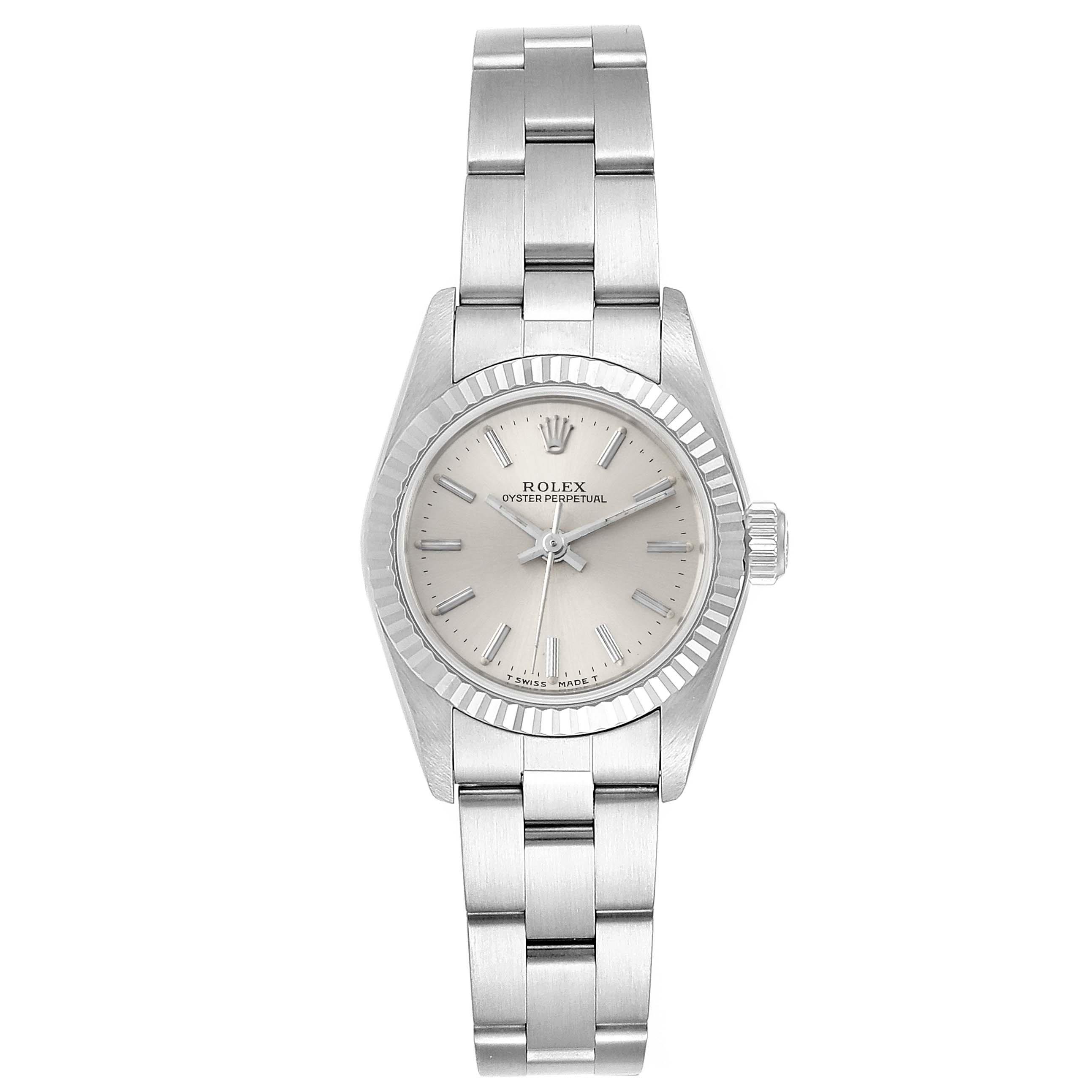 This image shows a front angle of a Rolex Oyster Perpetual 67194 Women's Stainless Steel Silver Dial 67194 Women's Stainless Steel Silver Dial watch, displaying the bracelet, bezel, dial, and crown.