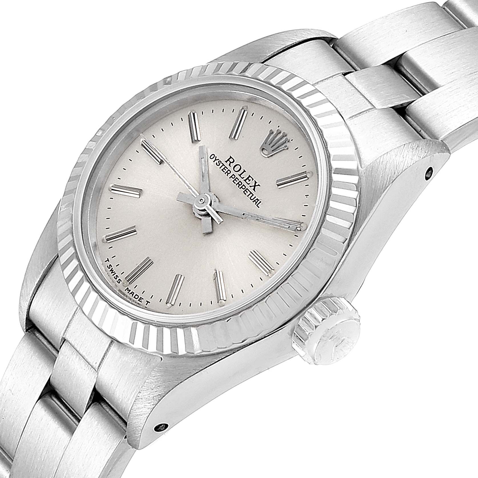 This image shows the face, bezel, crown, and part of the bracelet of the Rolex Oyster Perpetual 67194 Women's Stainless Steel Silver Dial 67194 Women's Stainless Steel Silver Dial watch at an angle.