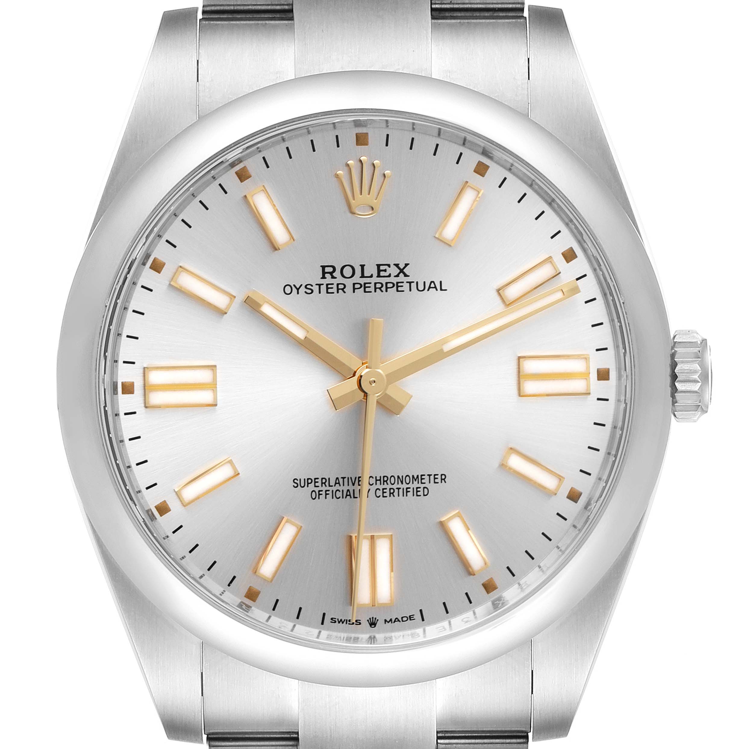 The image shows a front view of a Rolex Oyster Perpetual 124300 Men's Stainless Steel Silver Dial 124300 Men's Stainless Steel Silver Dial watch, highlighting the dial, hands, and indices.