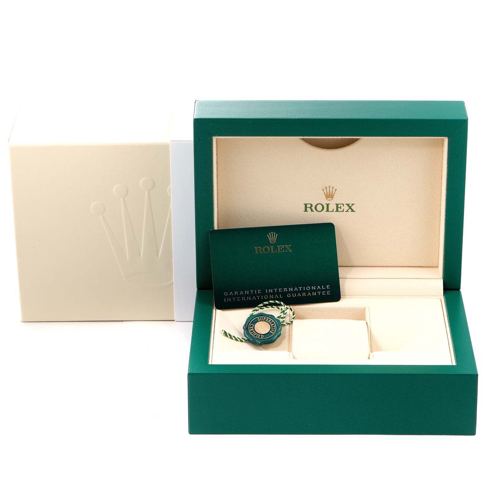 This image shows the presentation box, warranty card, and tag for a Rolex Oyster Perpetual 124300 Men's Stainless Steel Silver Dial 124300 Men's Stainless Steel Silver Dial watch.
