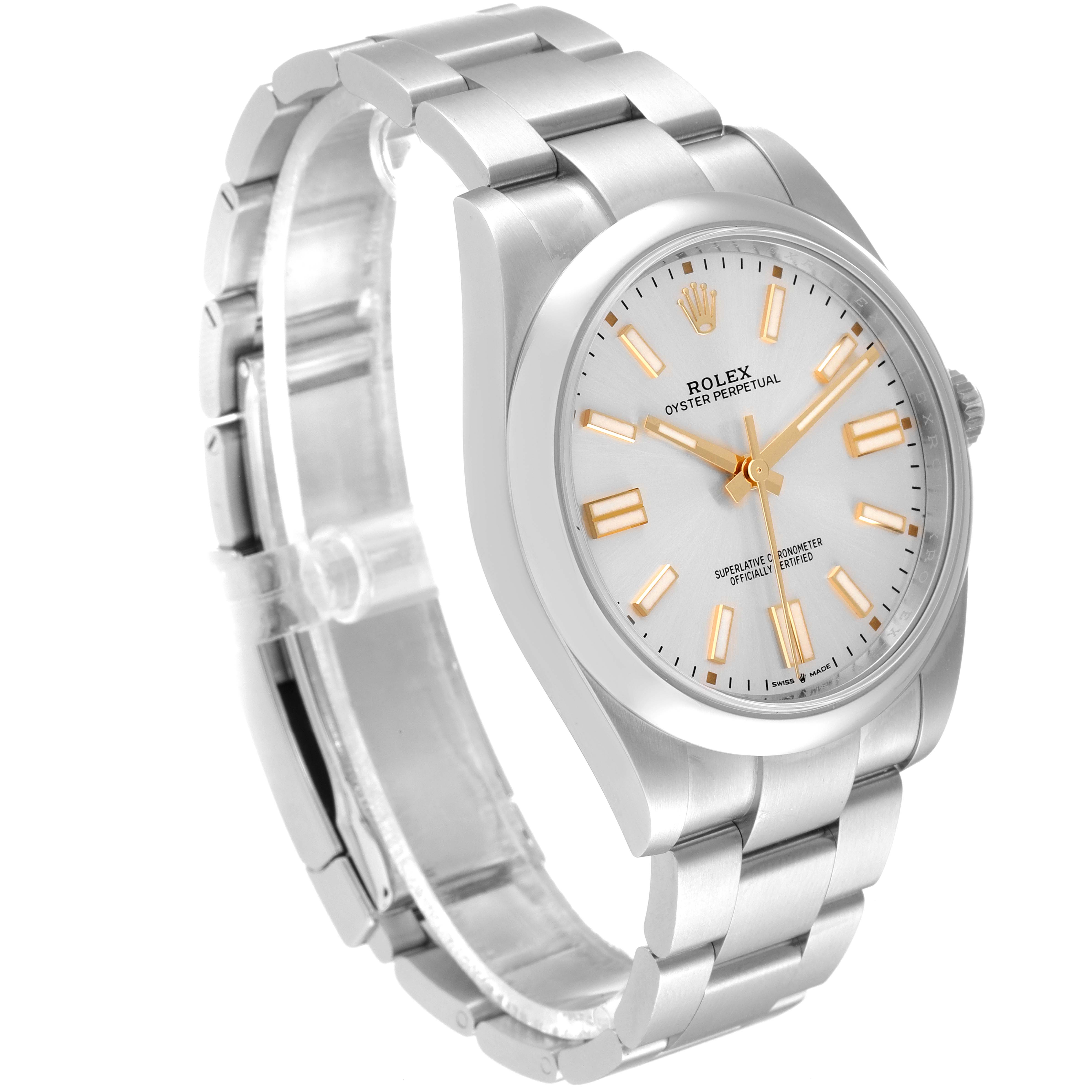 The Rolex Oyster Perpetual 124300 Men's Stainless Steel Silver Dial 124300 Men's Stainless Steel Silver Dial watch is shown at a three-quarter angle, displaying the face, bezel, case, and bracelet.