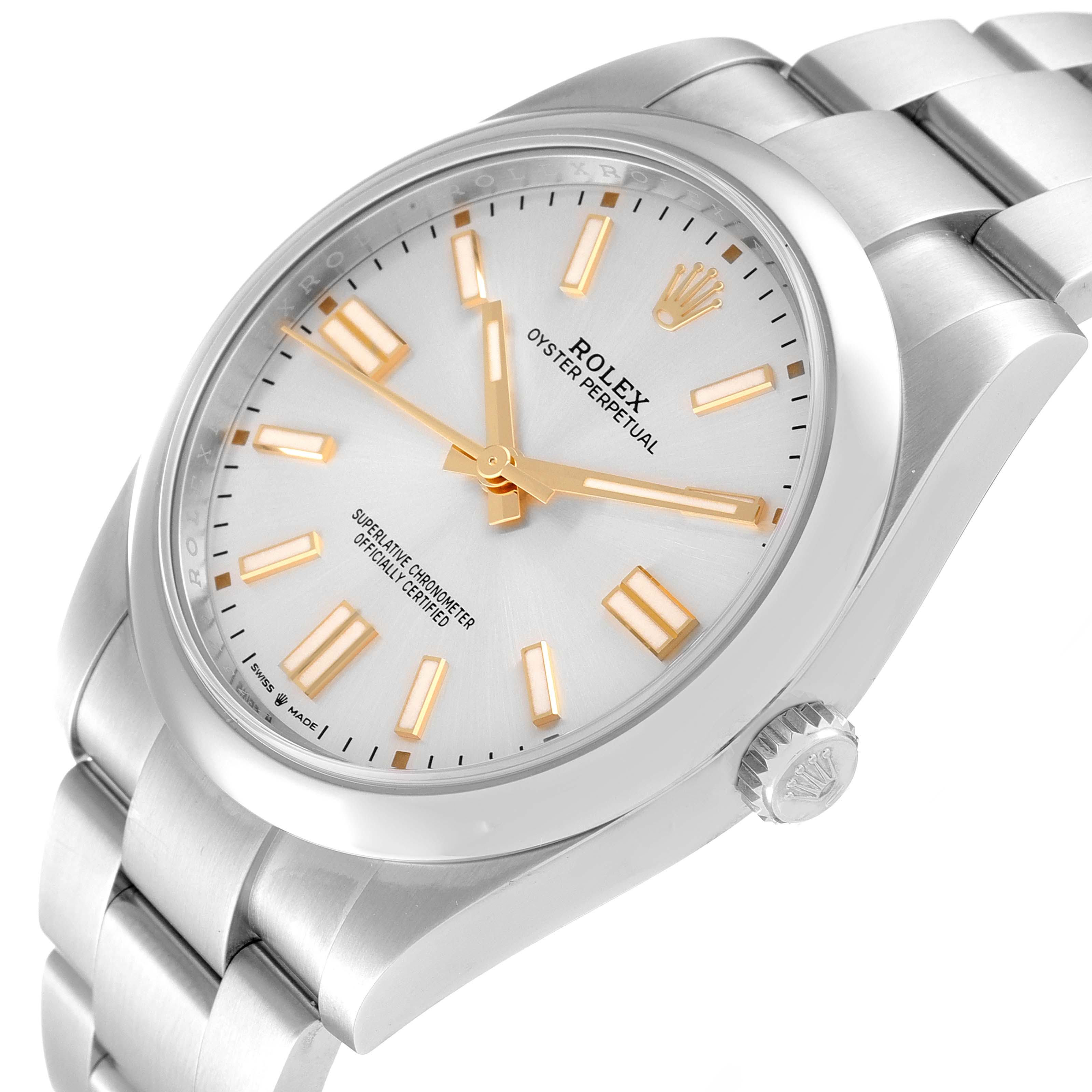 The image shows a Rolex Oyster Perpetual 124300 Men's Stainless Steel Silver Dial 124300 Men's Stainless Steel Silver Dial watch at an angle highlighting the face, crown, and part of the bracelet.