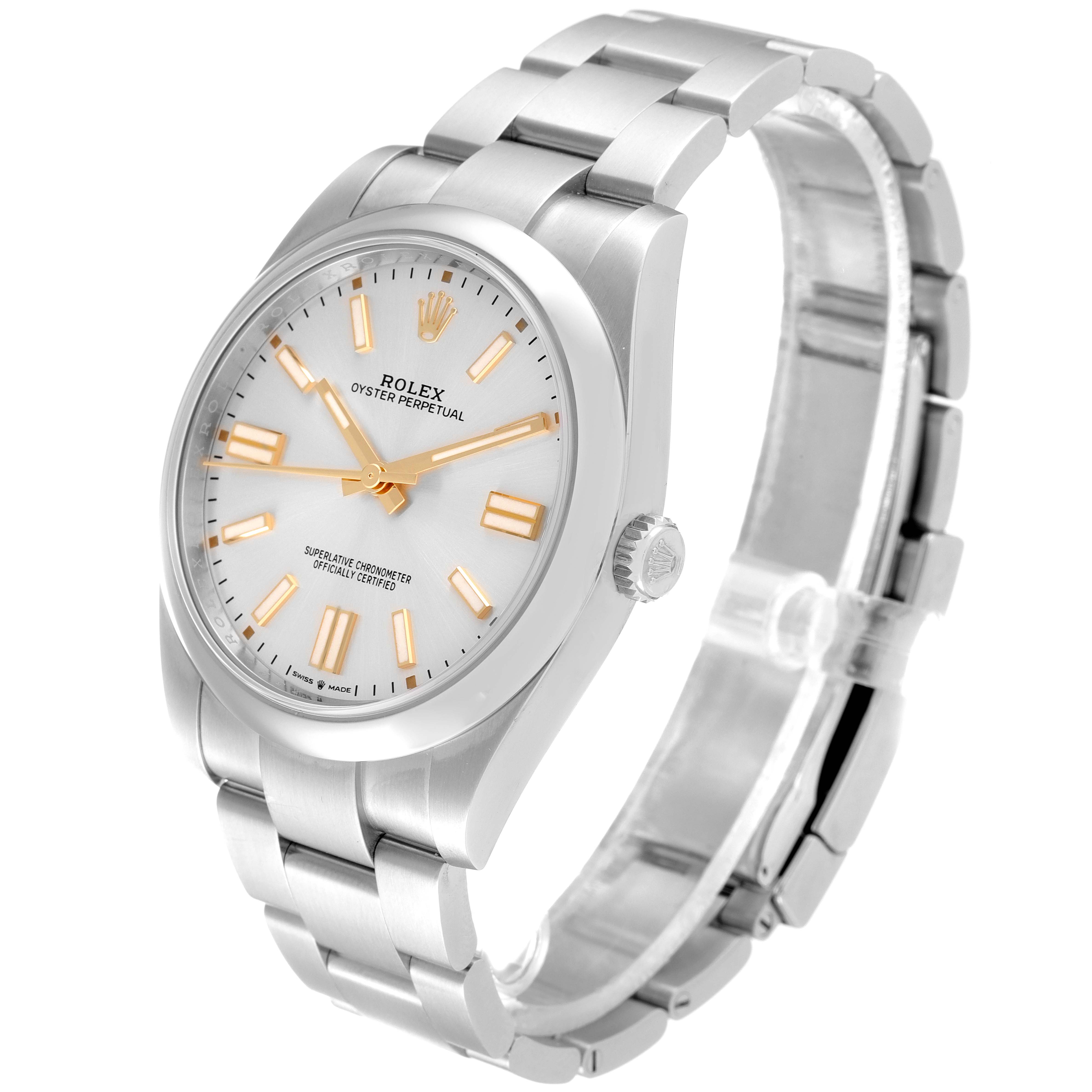This image shows a side angle of the Rolex Oyster Perpetual 124300 Men's Stainless Steel Silver Dial 124300 Men's Stainless Steel Silver Dial watch, highlighting its dial, bracelet, and crown.