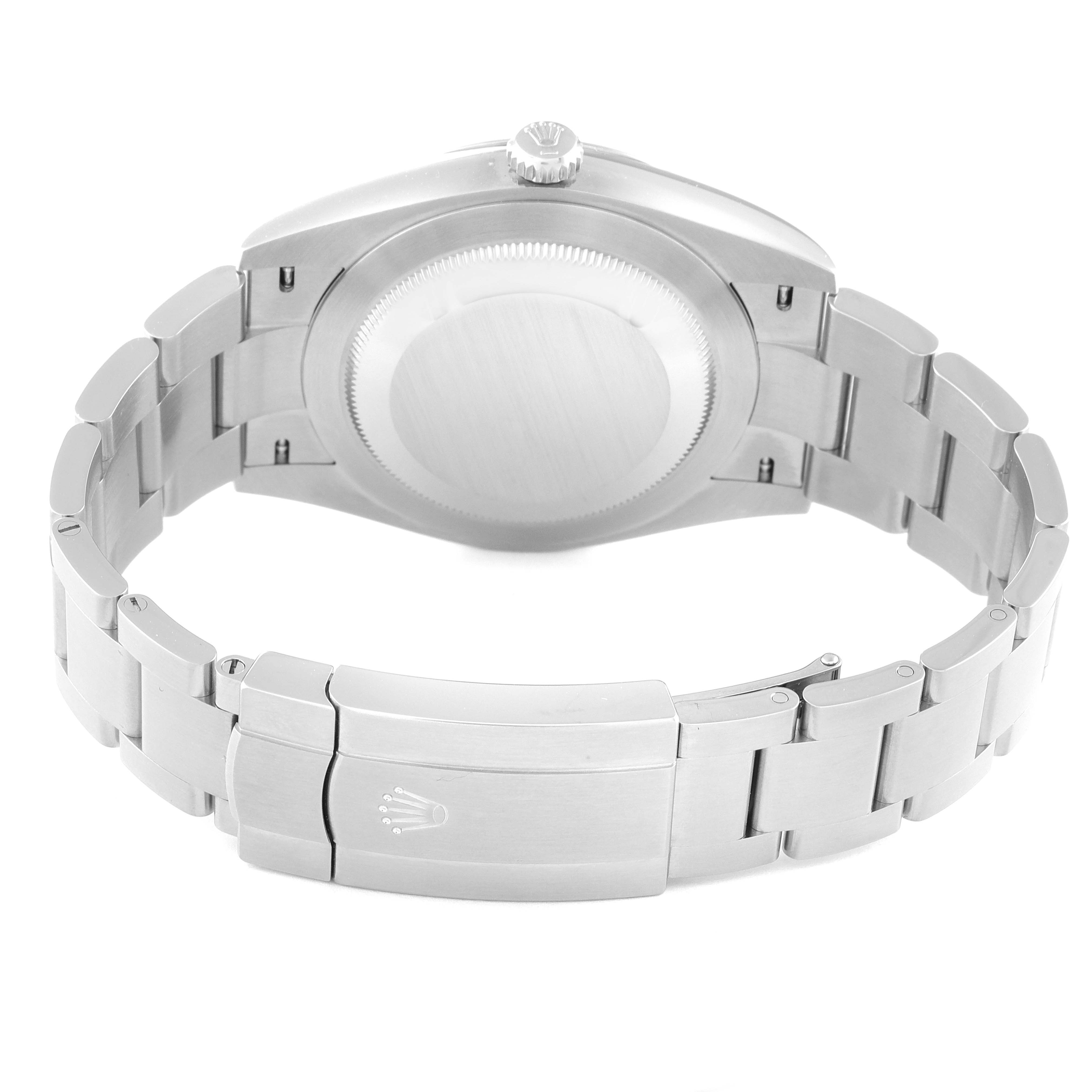 The image shows the back view of a Rolex Oyster Perpetual 124300 Men's Stainless Steel Silver Dial 124300 Men's Stainless Steel Silver Dial watch, highlighting the clasp and bracelet links.