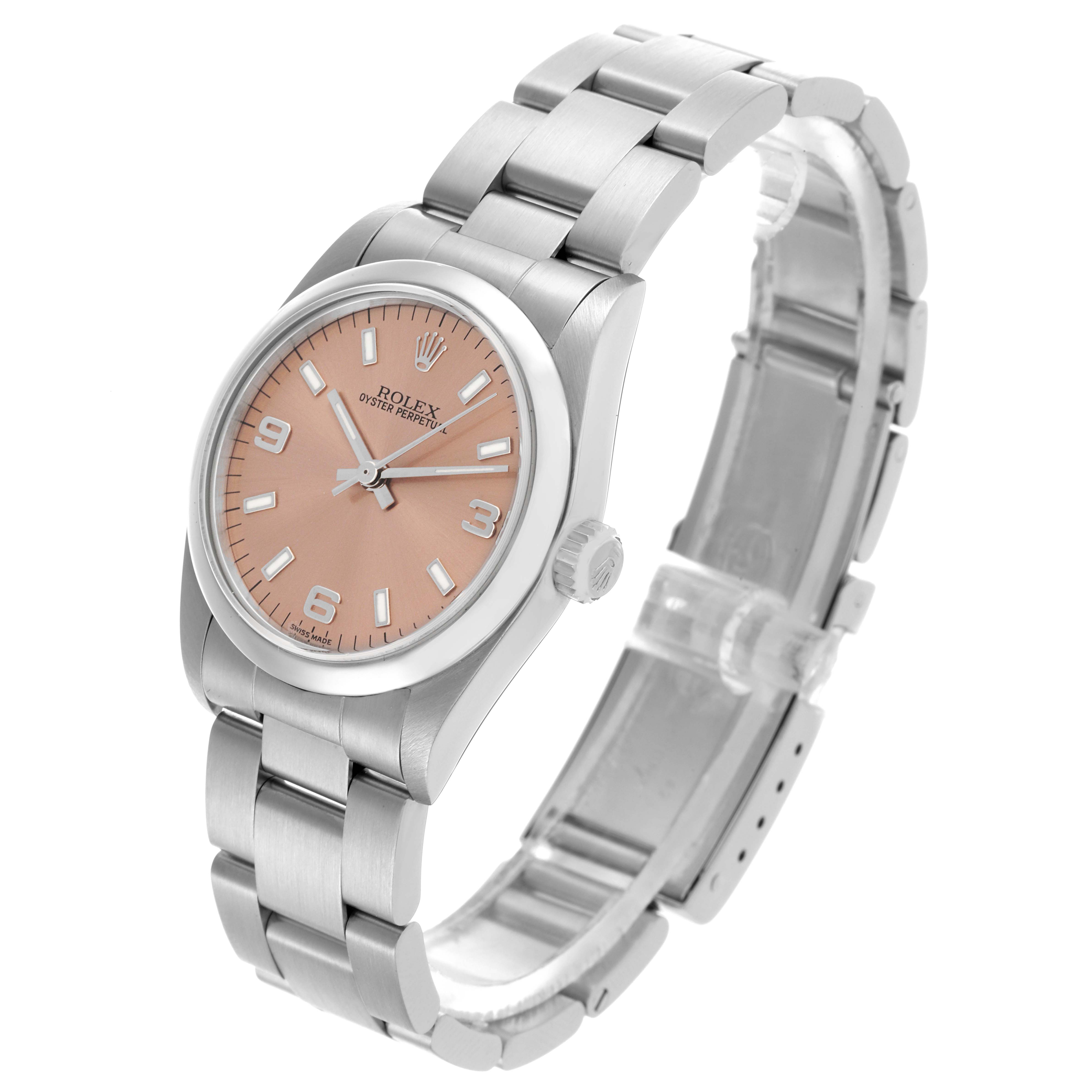 The Rolex Mid-Size 77080 Women's Stainless Steel Pink Dial 77080 Women's Stainless Steel Pink Dial watch is shown at a three-quarter angle, displaying the dial, bezel, crown, and bracelet.