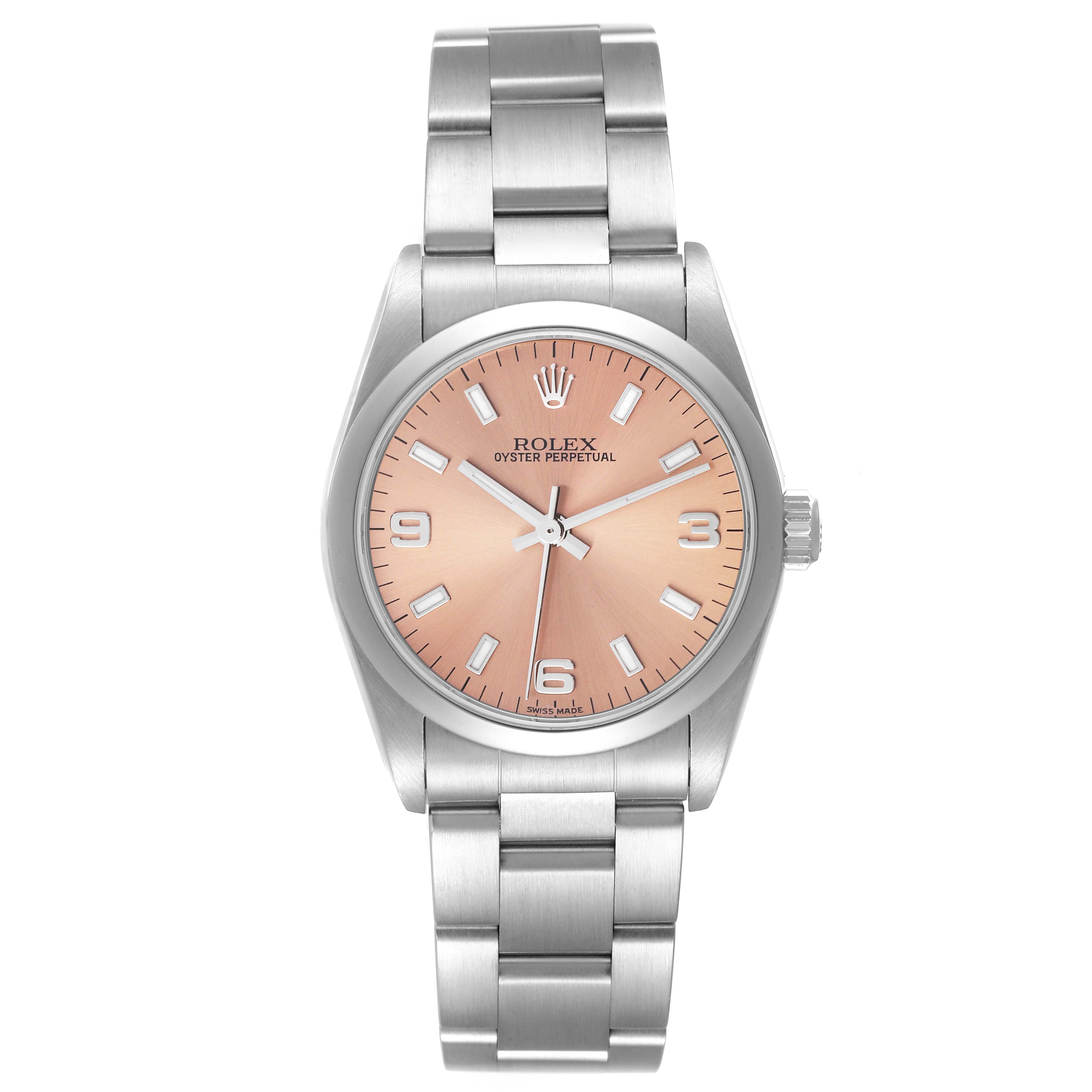 The Rolex Mid-Size 77080 Women's Stainless Steel Pink Dial 77080 Women's Stainless Steel Pink Dial watch is shown from the front, displaying the face, bezel, and full bracelet.