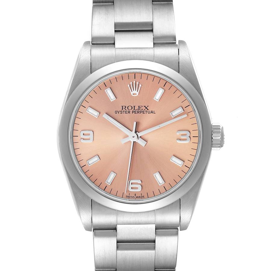 The Rolex Oyster Perpetual Mid-Size watch is shown front-facing, featuring the dial, bezel, and bracelet.