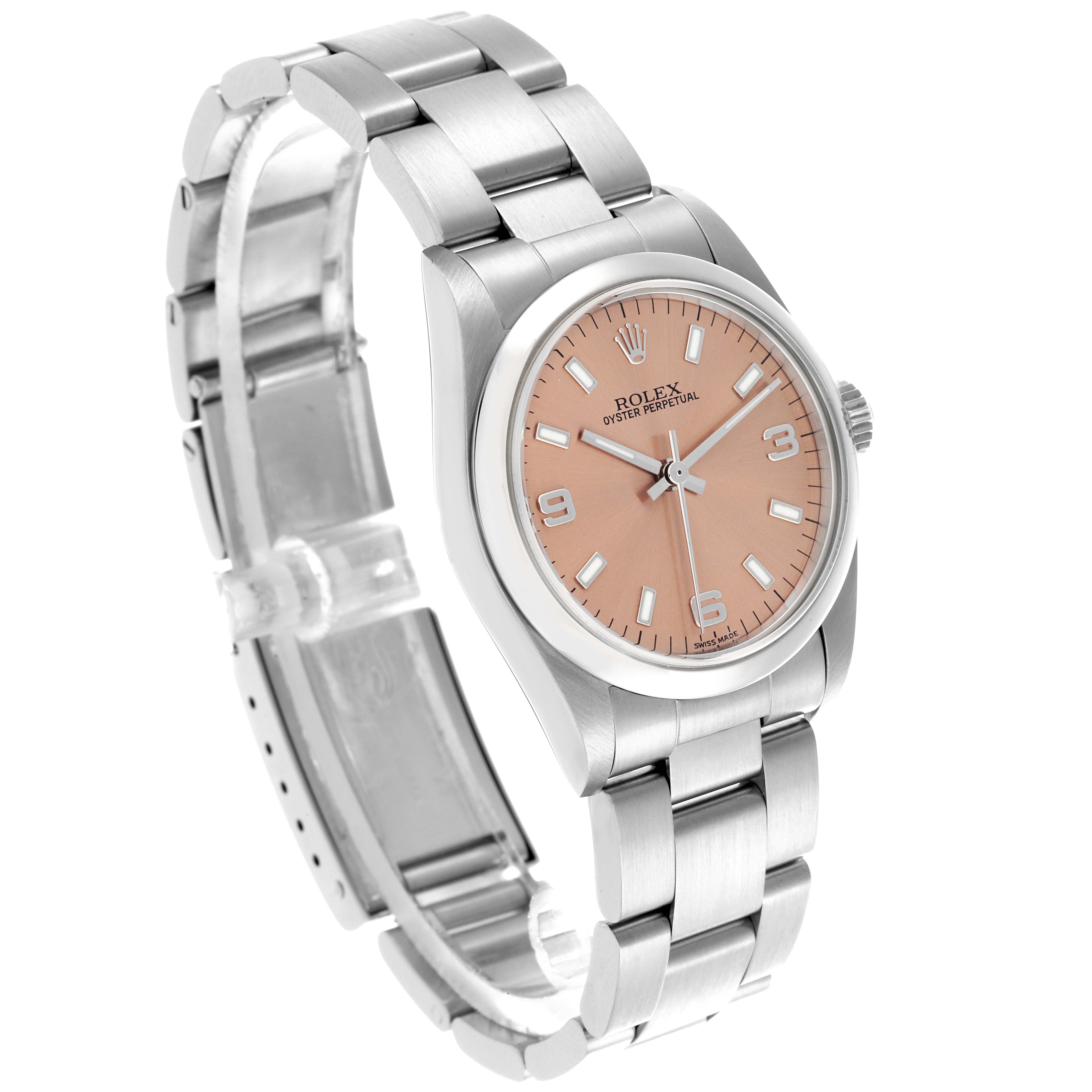 The Rolex Mid-Size 77080 Women's Stainless Steel Pink Dial 77080 Women's Stainless Steel Pink Dial model is shown at a three-quarter angle, highlighting the dial, bezel, crown, and bracelet.
