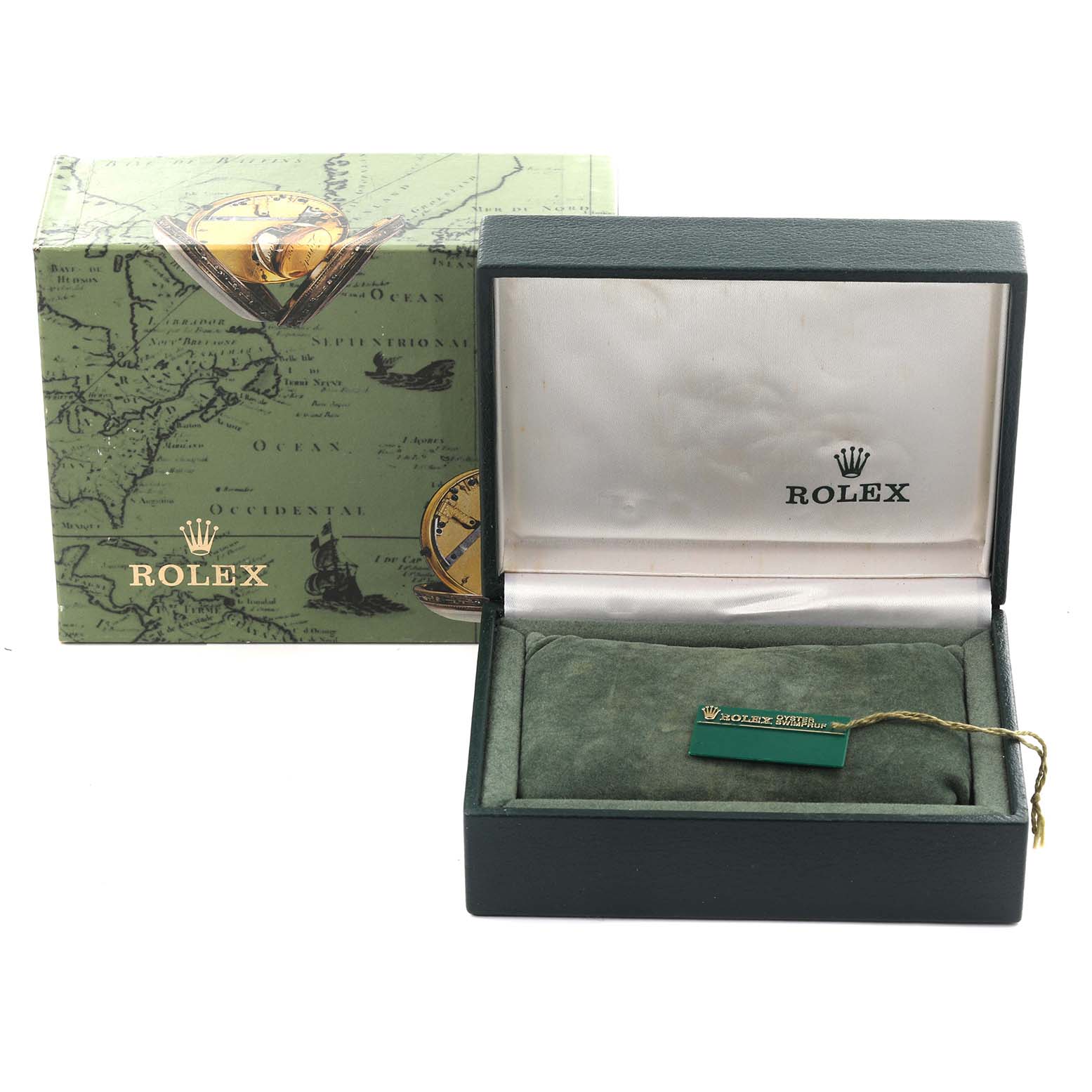 The image shows a Rolex Mid-Size 77080 Women's Stainless Steel Pink Dial 77080 Women's Stainless Steel Pink Dial model watch box, displayed closed and open, with a visible green tag inside.