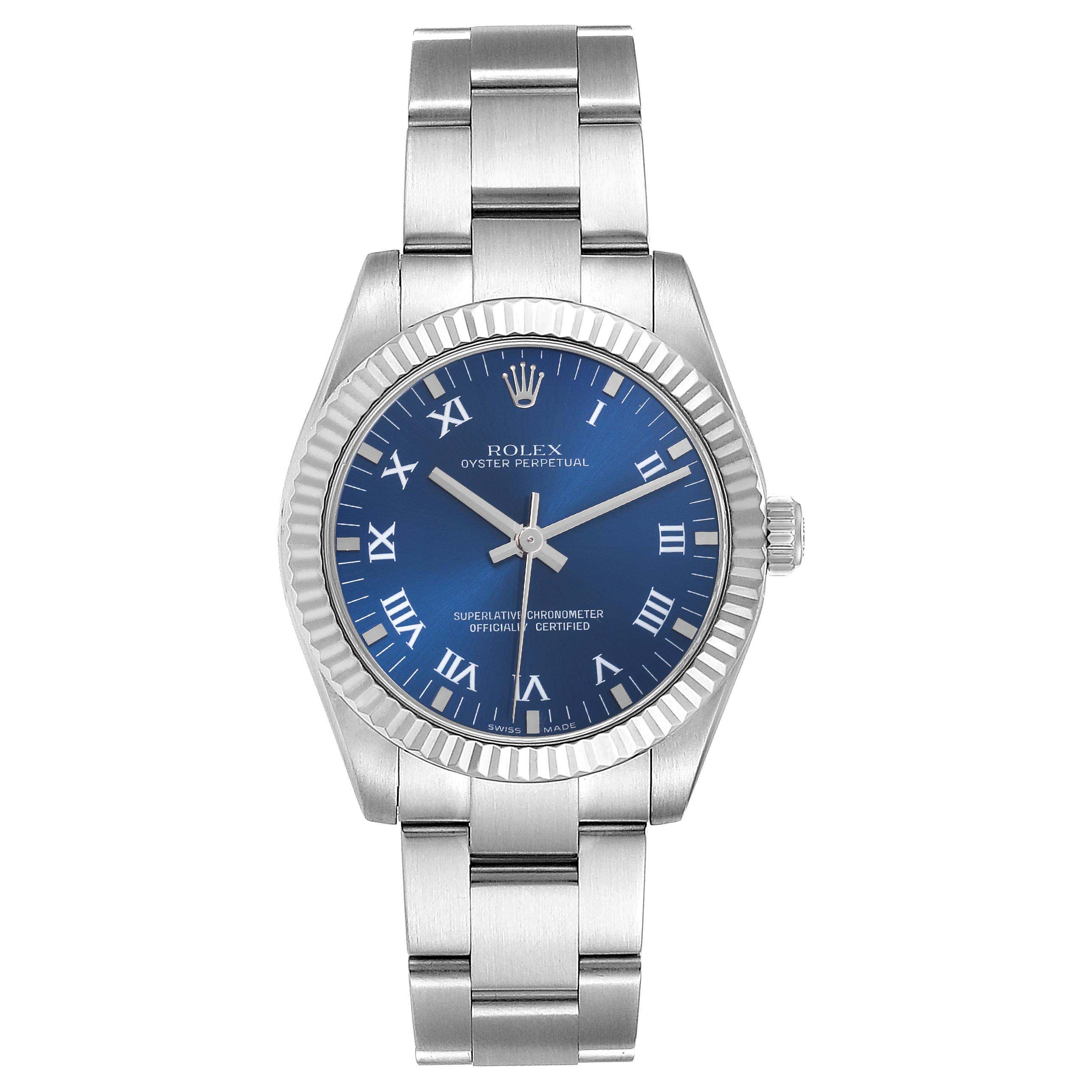 The Rolex Mid-Size 177234 Women
s Stainless Steel Blue Dial 177234 Women
s Stainless Steel Blue Dial watch is shown from a top view, featuring the dial, bezel, and full bracelet.