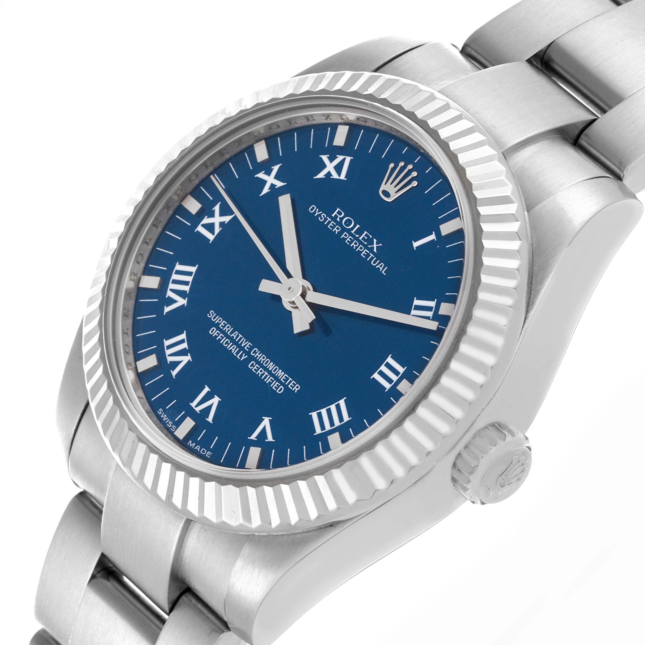 The Rolex Mid-Size 177234 Women
s Stainless Steel Blue Dial 177234 Women
s Stainless Steel Blue Dial model is shown at a slight angle, highlighting its blue dial, silver case, fluted bezel, and bracelet.