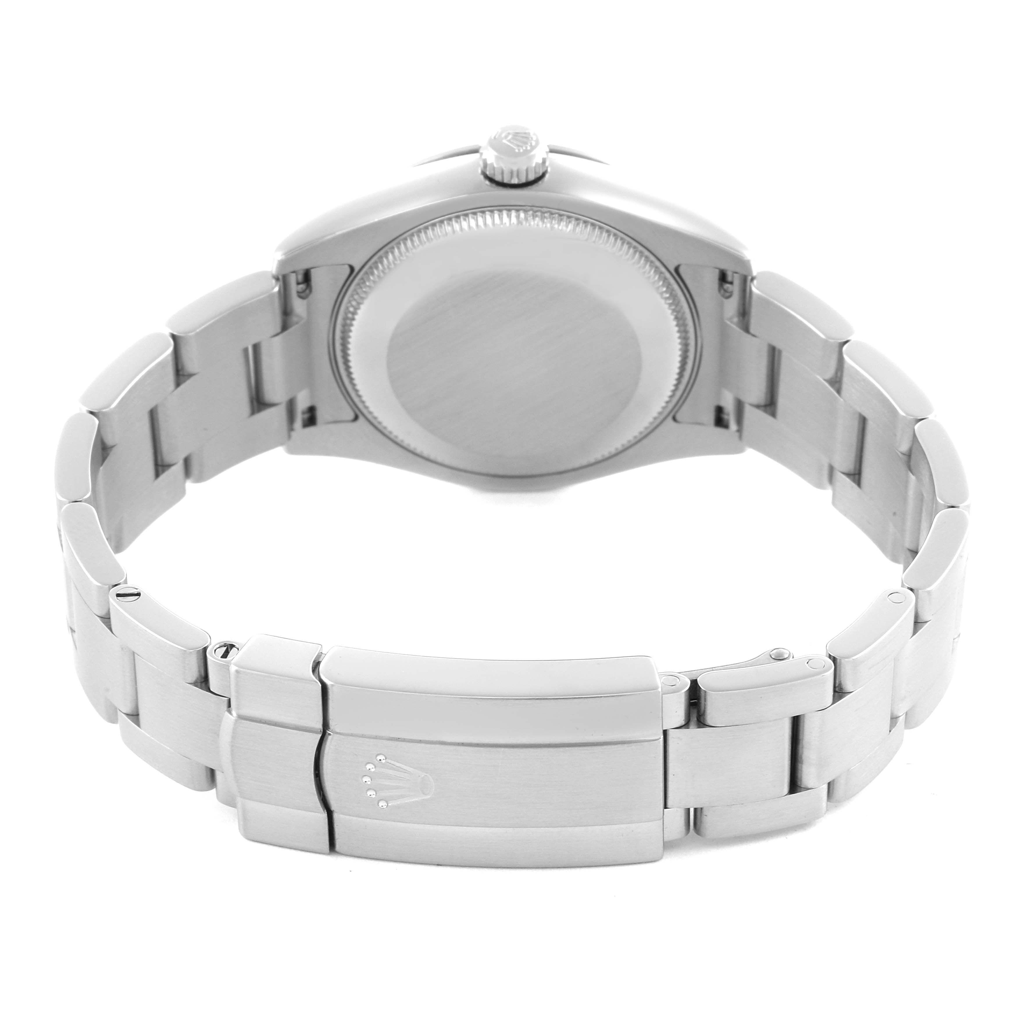 The image shows the back and bracelet of a Rolex Mid-Size 177234 Women
s Stainless Steel Blue Dial 177234 Women
s Stainless Steel Blue Dial watch, highlighting the clasp and case back.