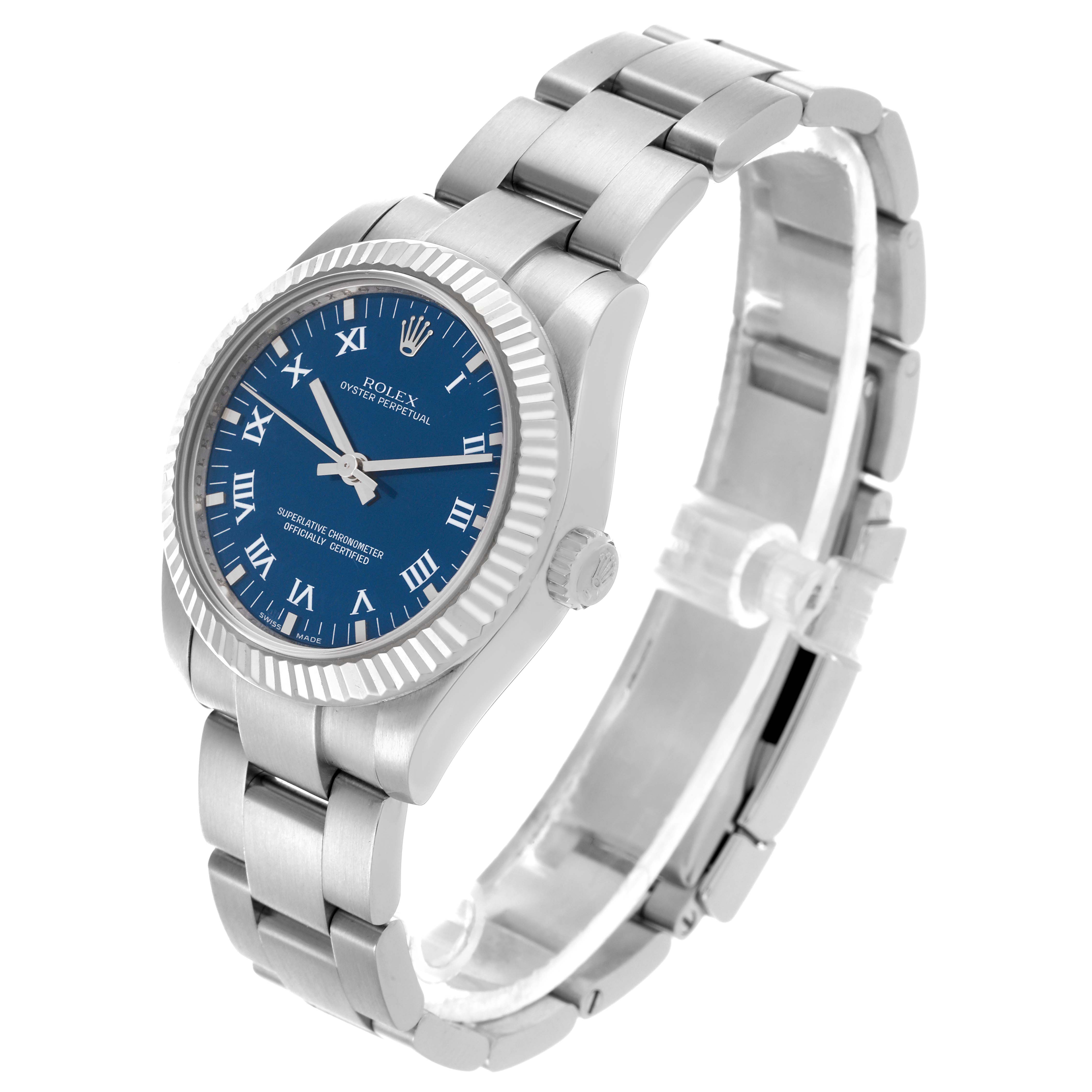 The Rolex Mid-Size 177234 Women
s Stainless Steel Blue Dial 177234 Women
s Stainless Steel Blue Dial watch is shown at an angled view displaying the face, crown, bezel, and part of the bracelet.