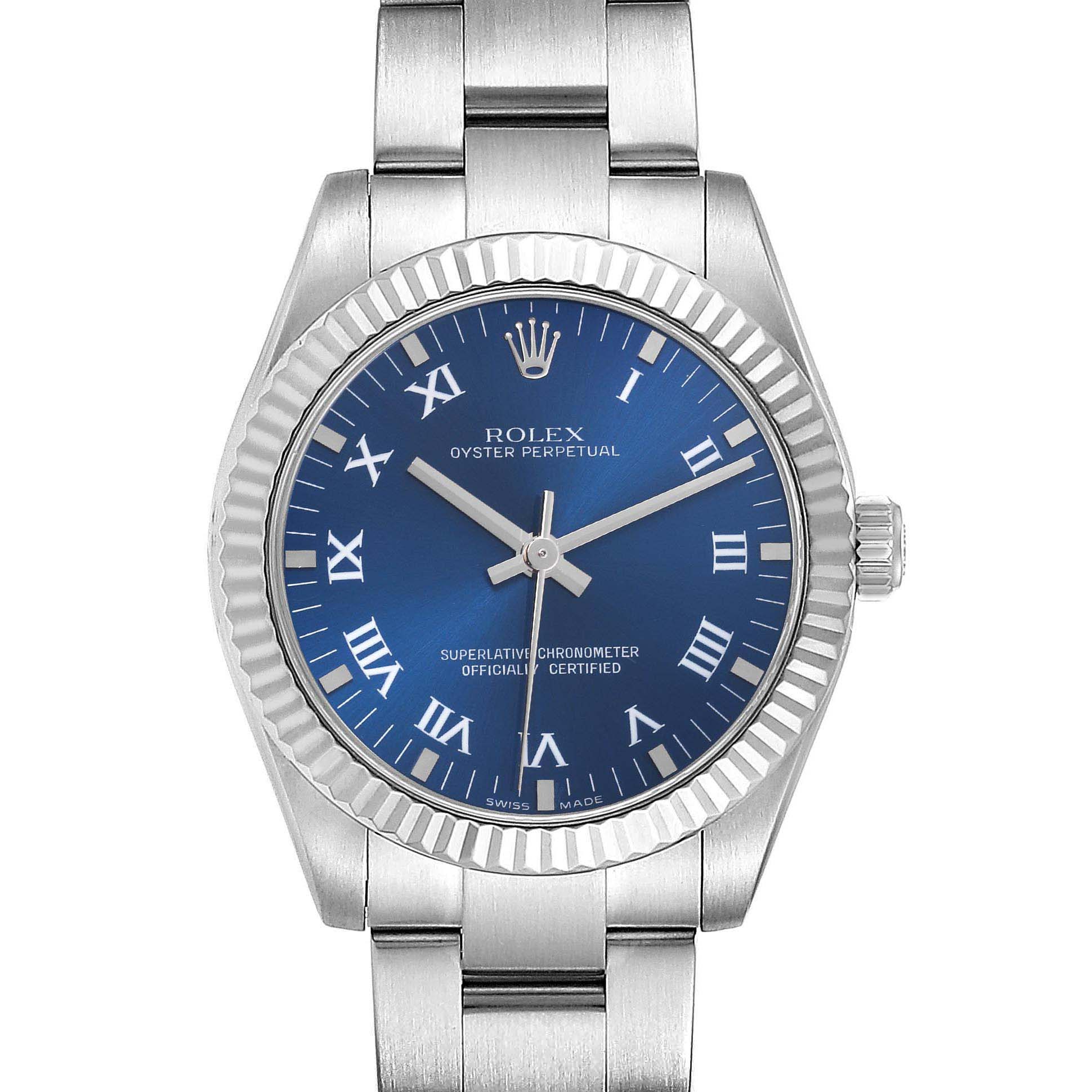 The Rolex Mid-Size 177234 Women
s Stainless Steel Blue Dial 177234 Women
s Stainless Steel Blue Dial watch is shown from the front, displaying the blue dial, bezel, hands, and part of the bracelet.
